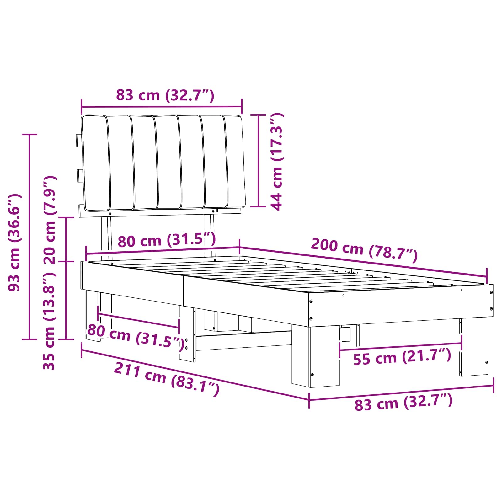 Krevetni okvir s tapiciranim uzglavljem Crna 80 x 200 cm