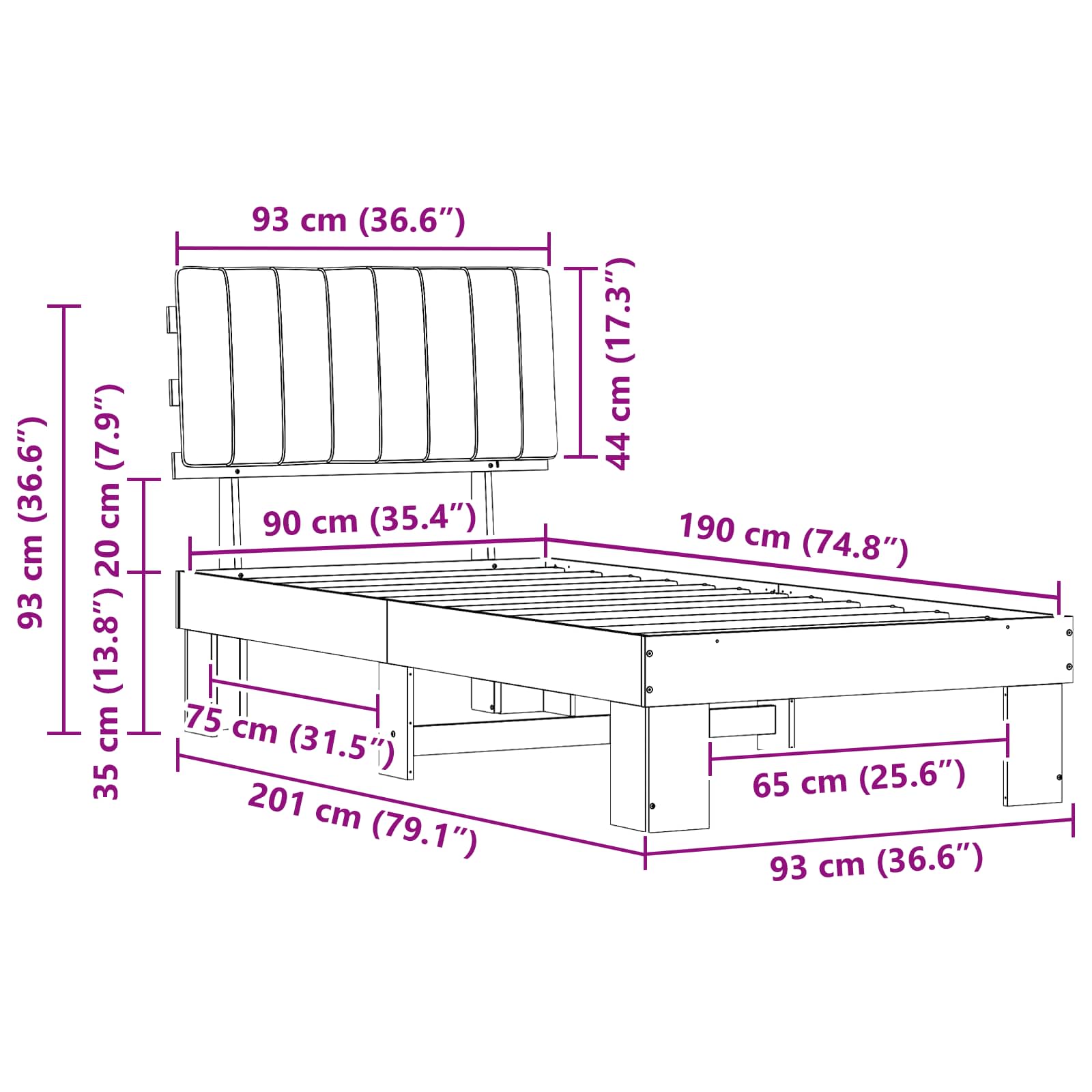 Krevetni okvir s tapiciranim uzglavljem Tamno siva 90 x 190 cm