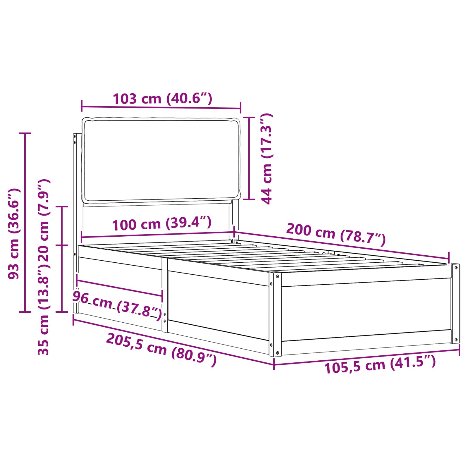 Krevetni okvir s tapiciranim uzglavljem Tamno siva 100 x 200 cm