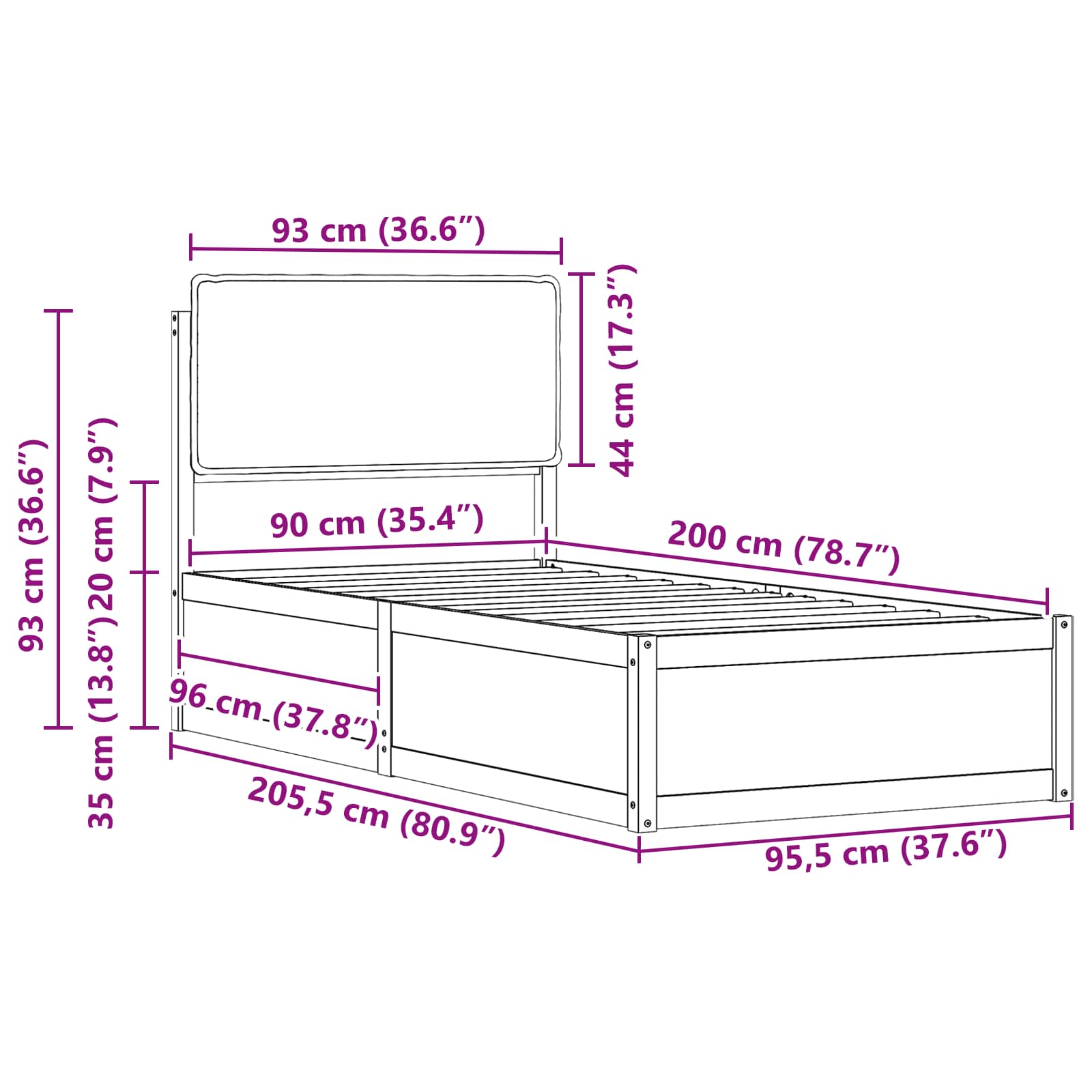 Krevetni okvir s tapiciranim uzglavljem Crna 90 x 200 cm