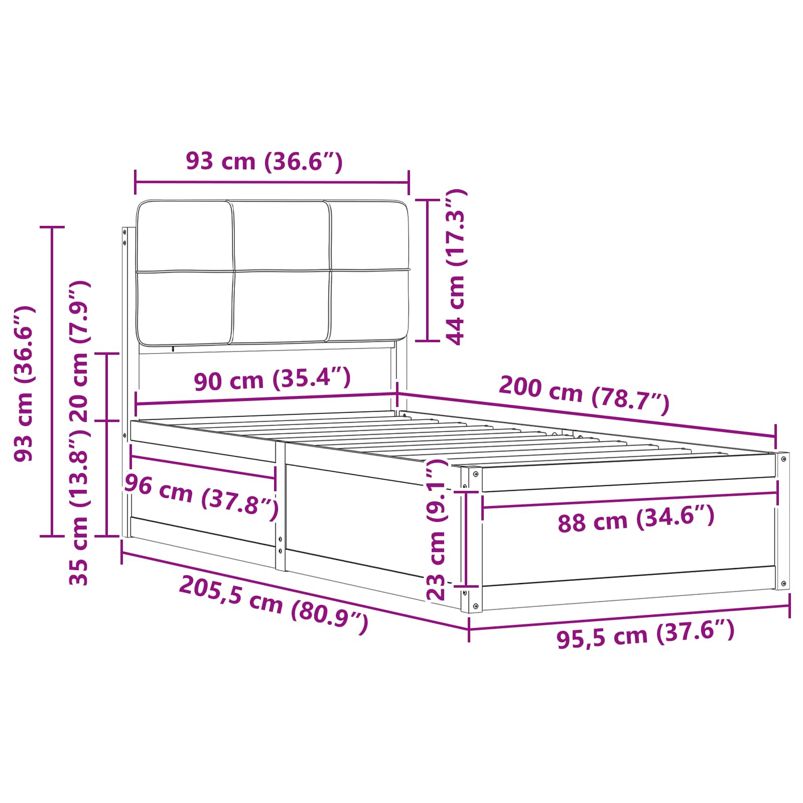Krevetni okvir s tapiciranim uzglavljem Crna 90 x 200 cm