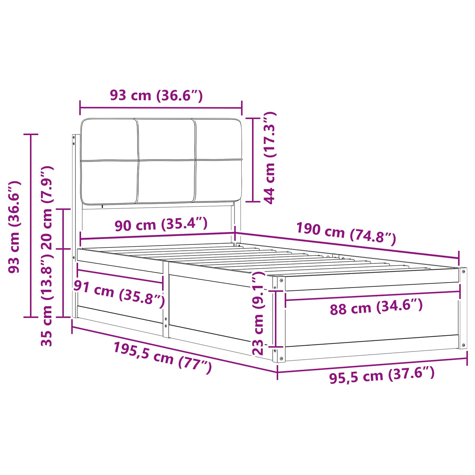 Krevetni okvir s tapiciranim uzglavljem Crna 90 x 190 cm