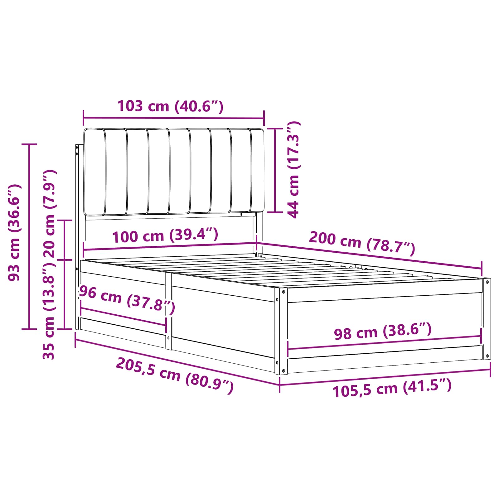 Krevetni okvir s tapiciranim uzglavljem Tamno siva 100 x 200 cm