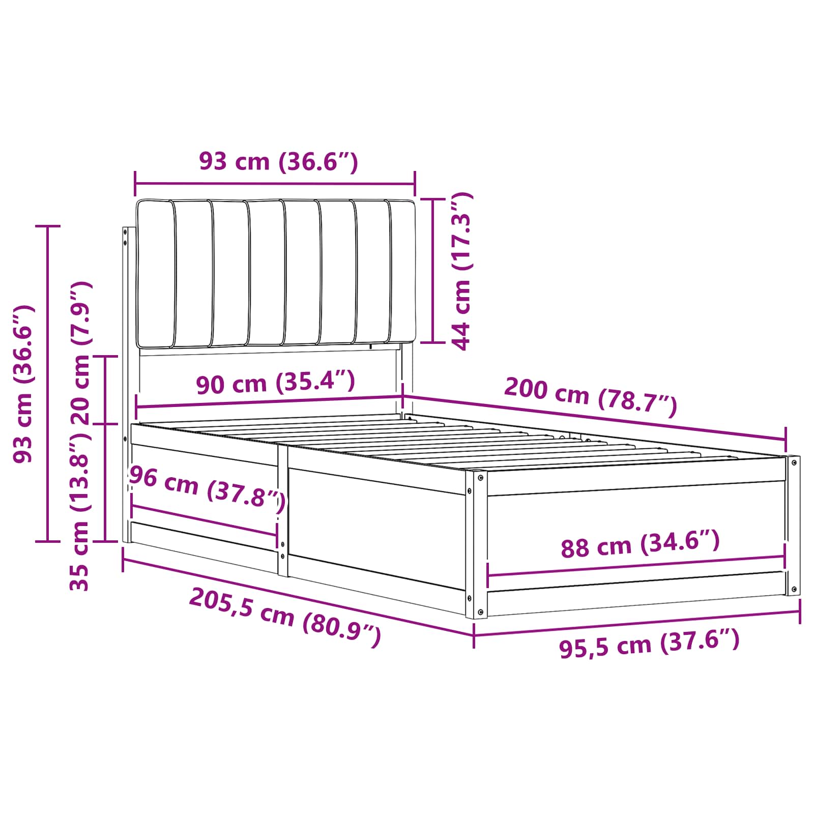 Krevetni okvir s tapiciranim uzglavljem Tamno siva 90 x 200 cm