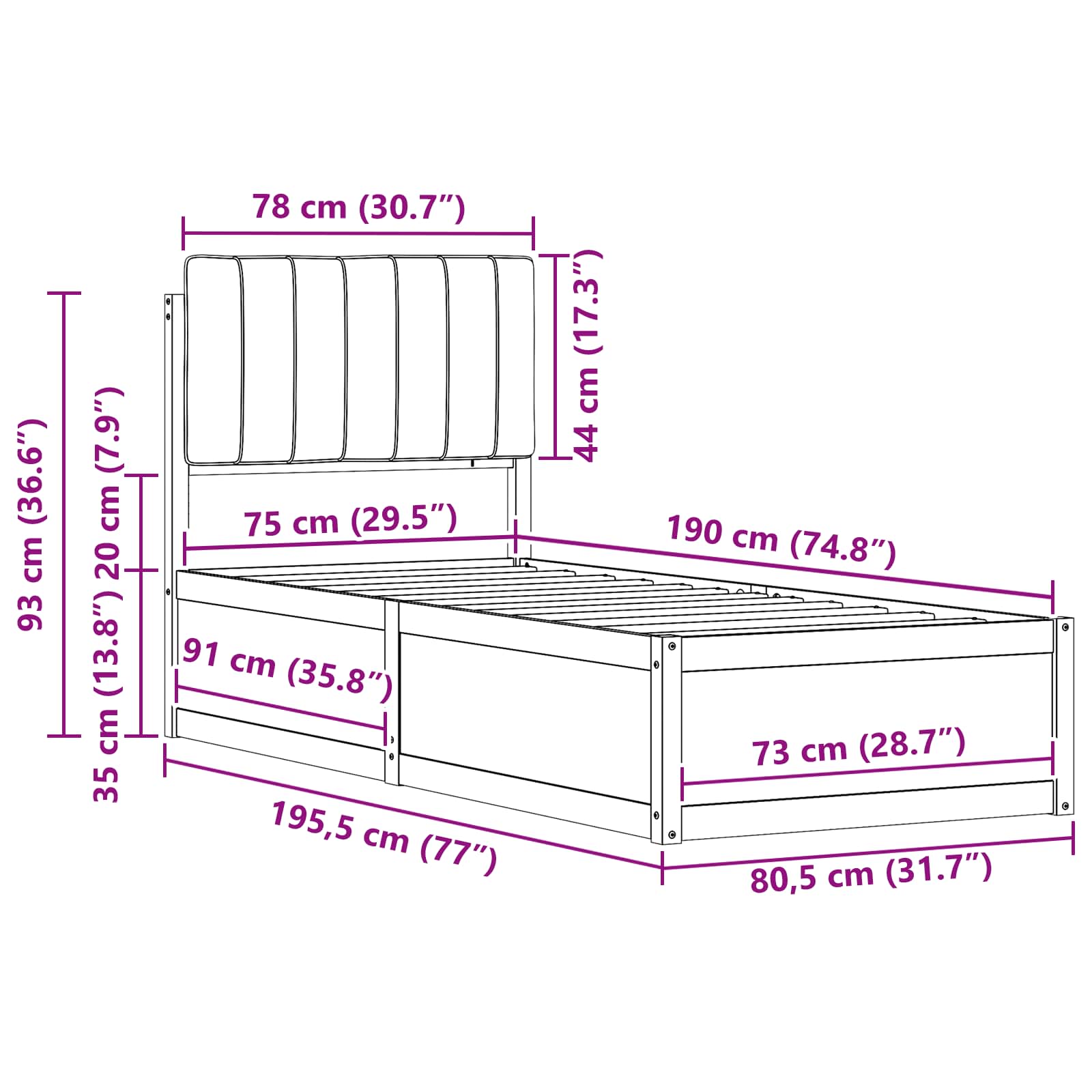 Krevetni okvir s tapiciranim uzglavljem Tamno siva 75 x 190 cm