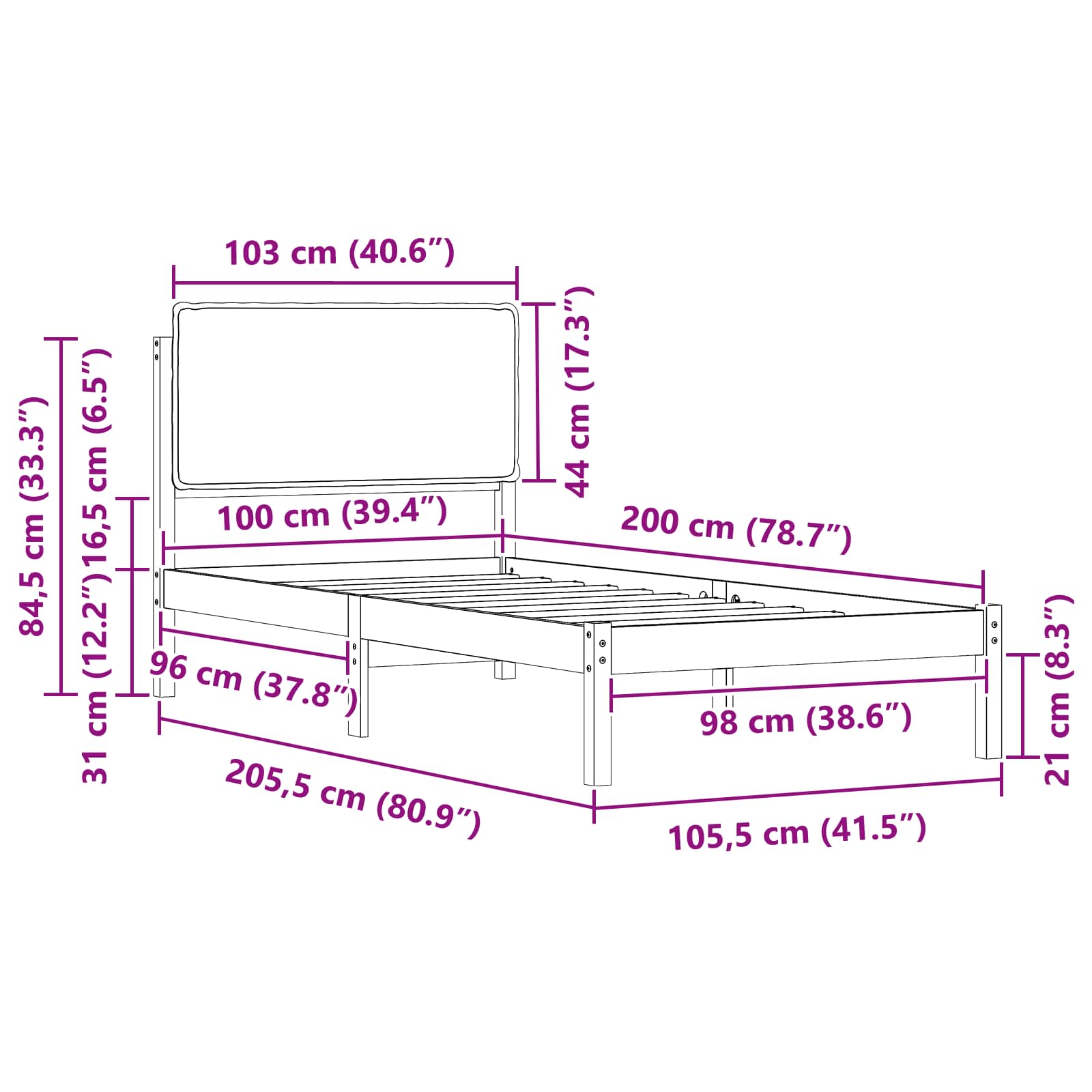 Krevetni okvir s tapiciranim uzglavljem Tamno siva 100 x 200 cm