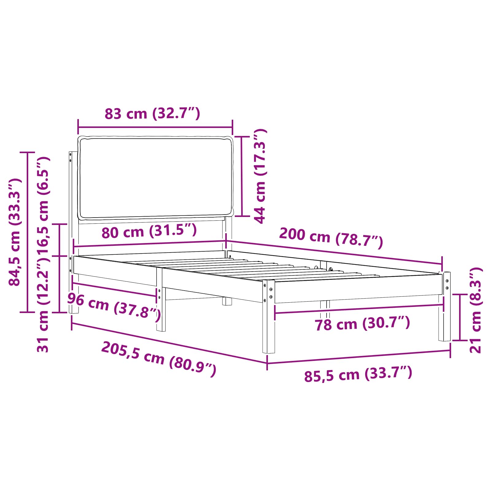Krevetni okvir s tapiciranim uzglavljem Tamno siva 80 x 200 cm