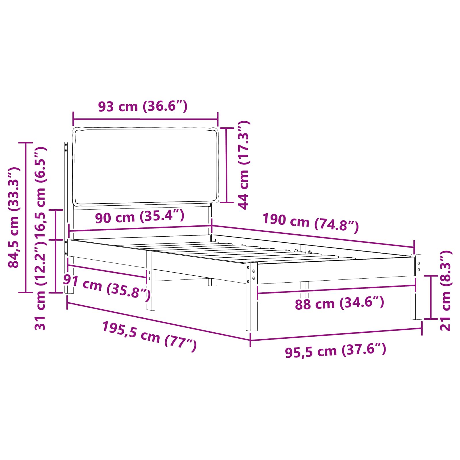 Krevetni okvir s tapiciranim uzglavljem Crna 90 x 190 cm
