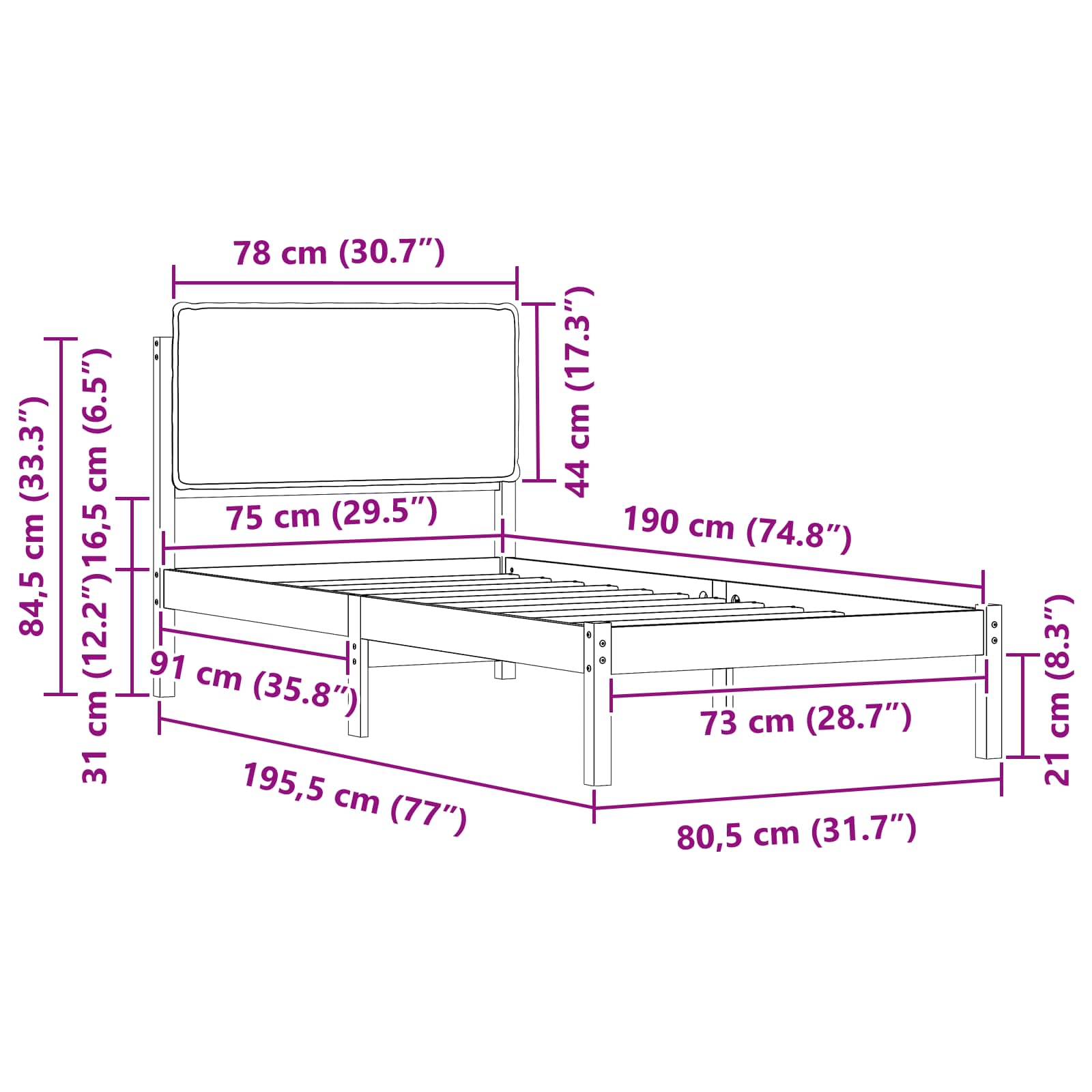 Krevetni okvir s tapiciranim uzglavljem Tamno siva 75 x 190 cm