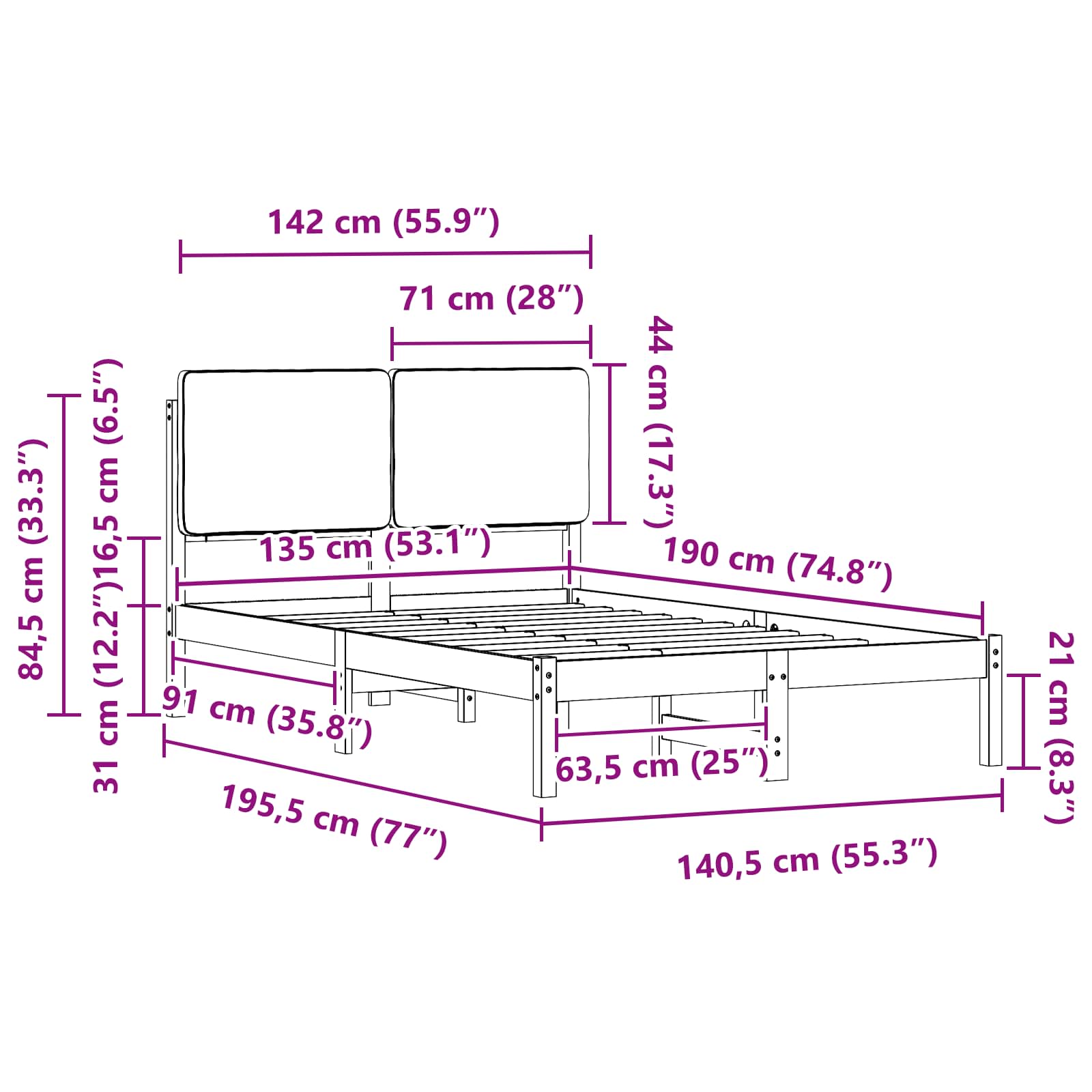 Krevetni okvir s tapiciranim uzglavljem Tamno siva 135 x 190 cm