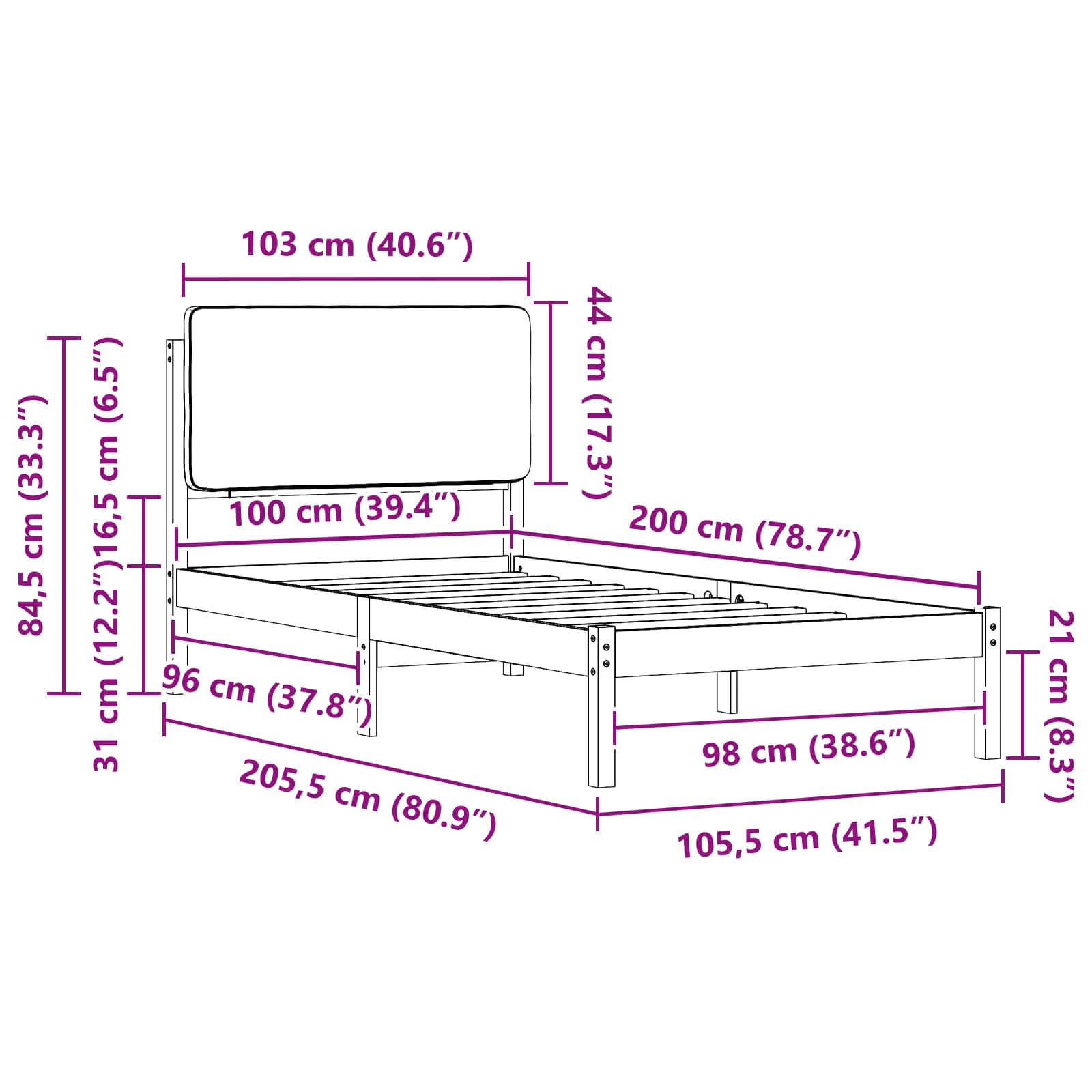 Krevetni okvir s tapiciranim uzglavljem Tamno siva 100 x 200 cm