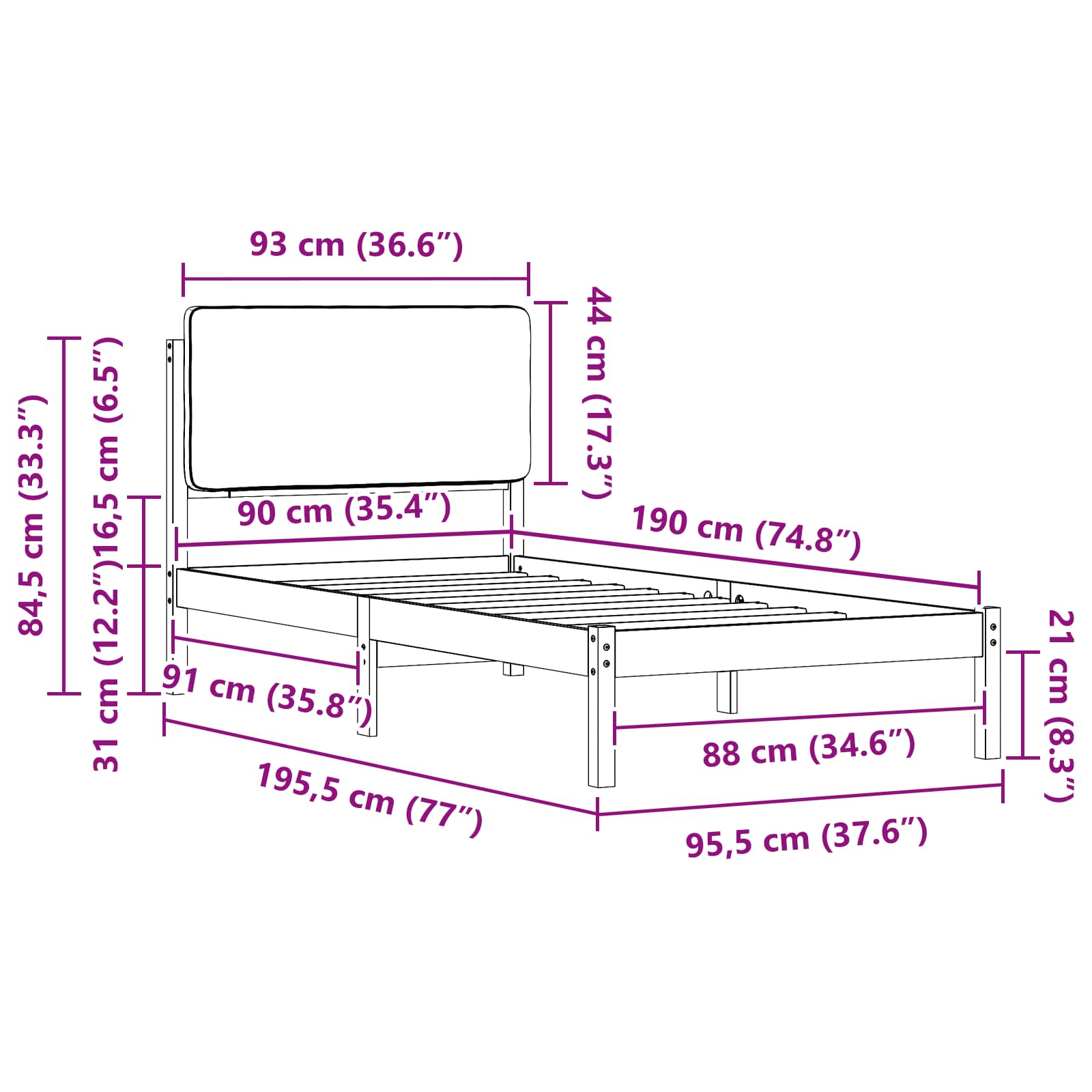 Krevetni okvir s tapiciranim uzglavljem Crna 90 x 190 cm