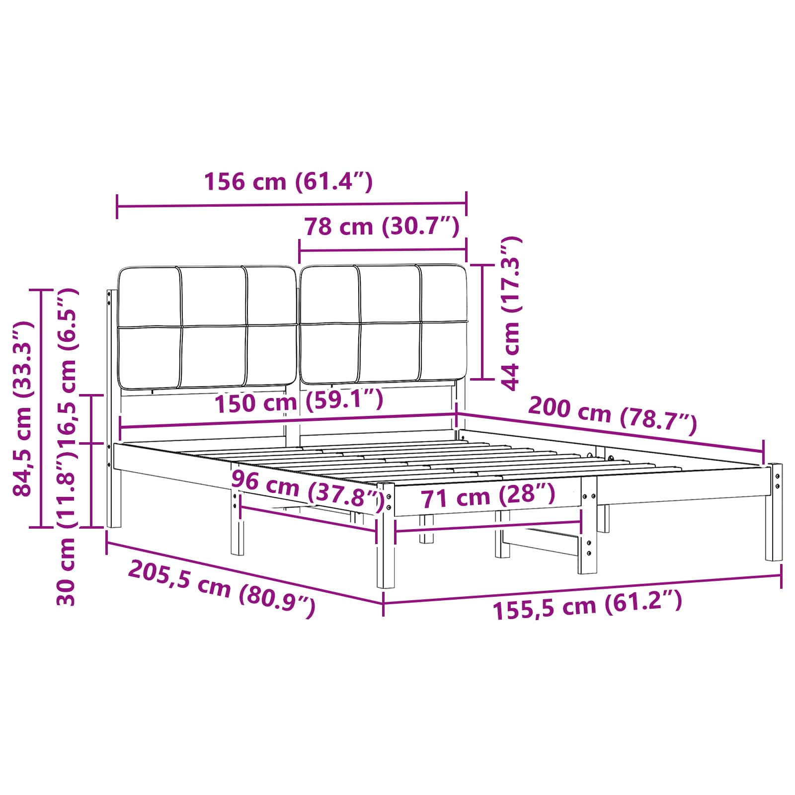 Krevetni okvir s tapiciranim uzglavljem Tamno siva 150 x 200 cm
