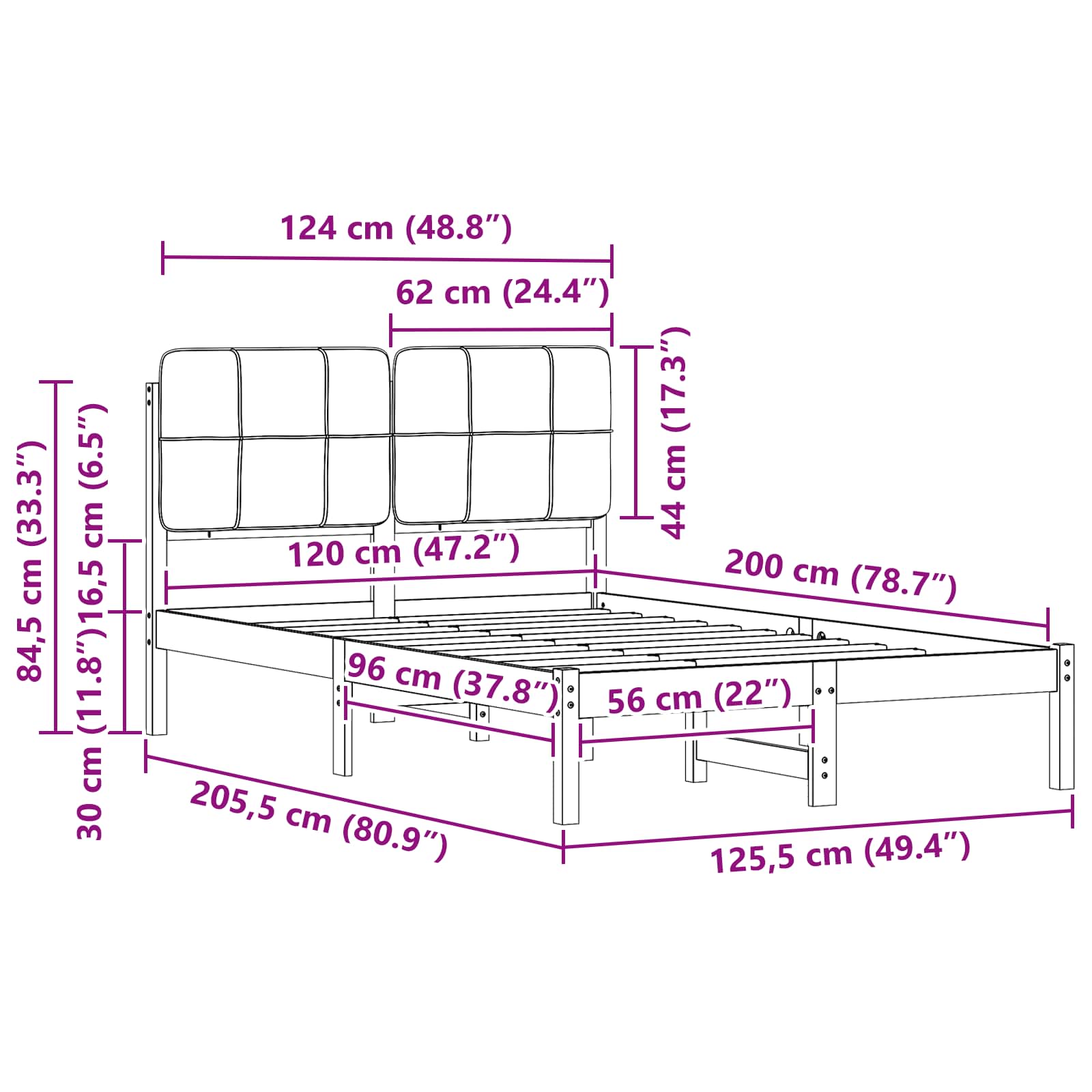 Krevetni okvir s tapiciranim uzglavljem Tamno siva 120 x 200 cm