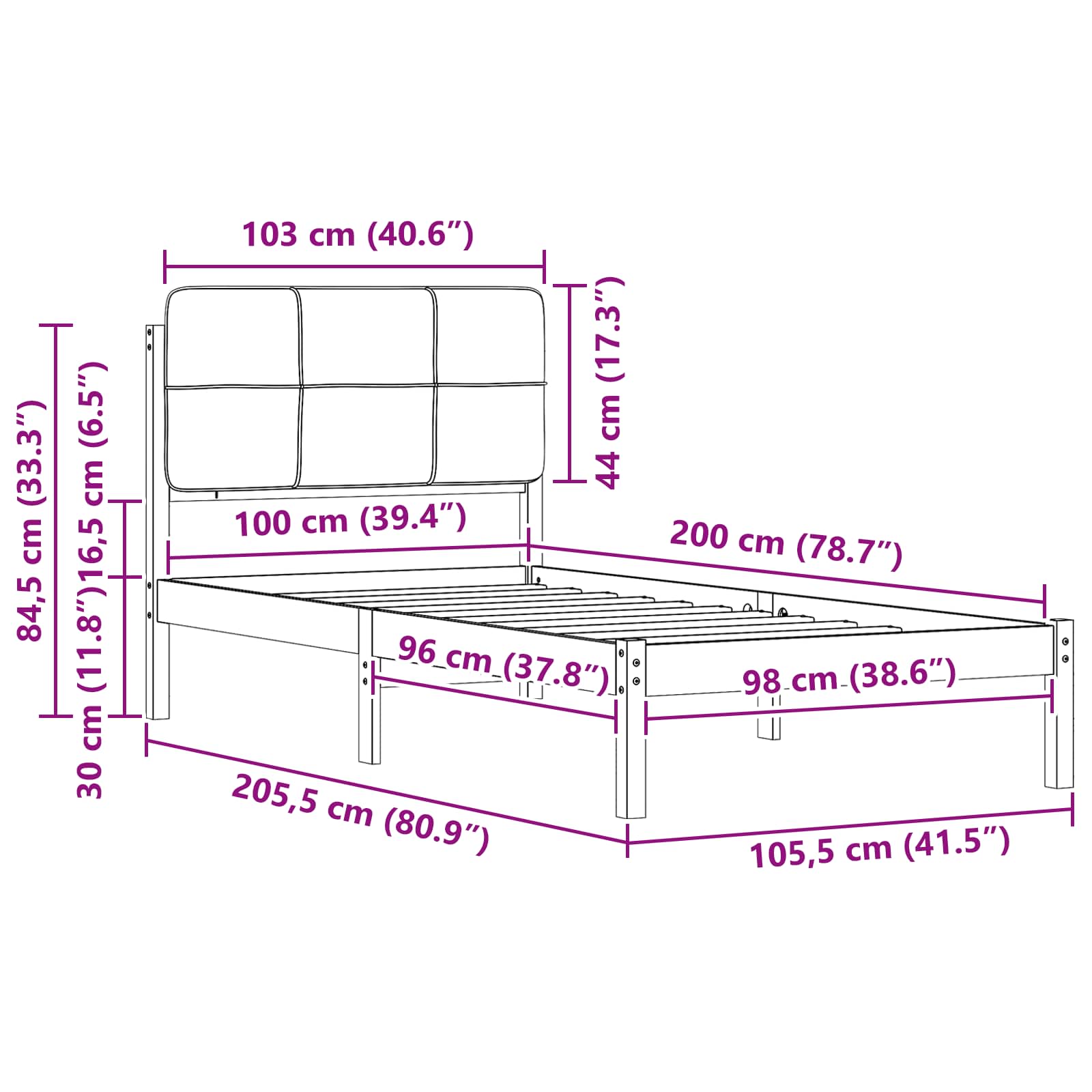 Krevetni okvir s tapiciranim uzglavljem Tamno siva 100 x 200 cm