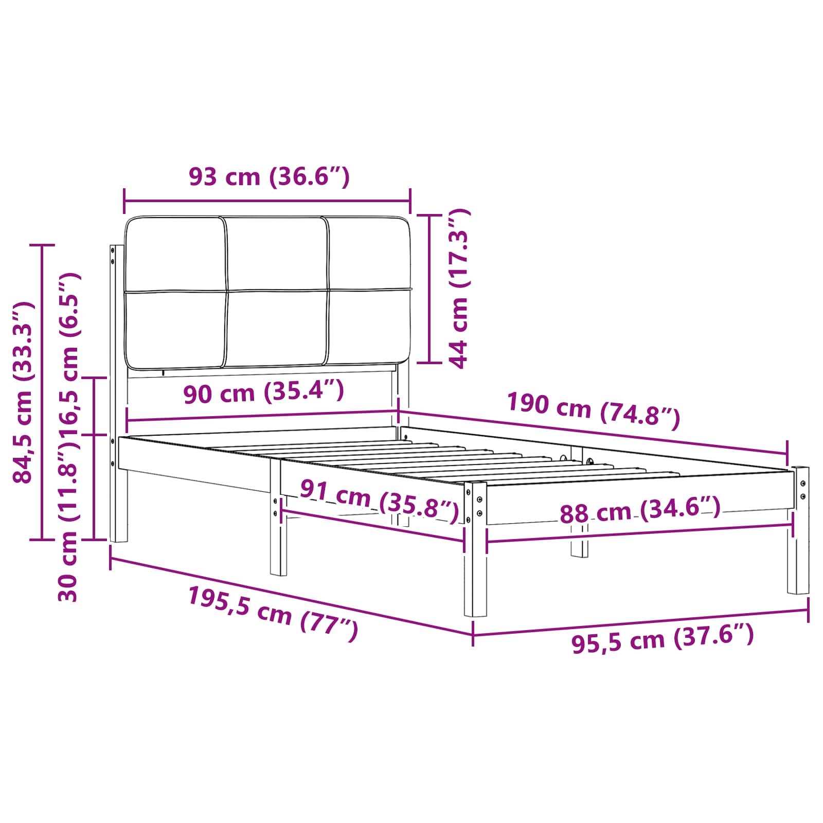 Krevetni okvir s tapiciranim uzglavljem Crna 90 x 190 cm