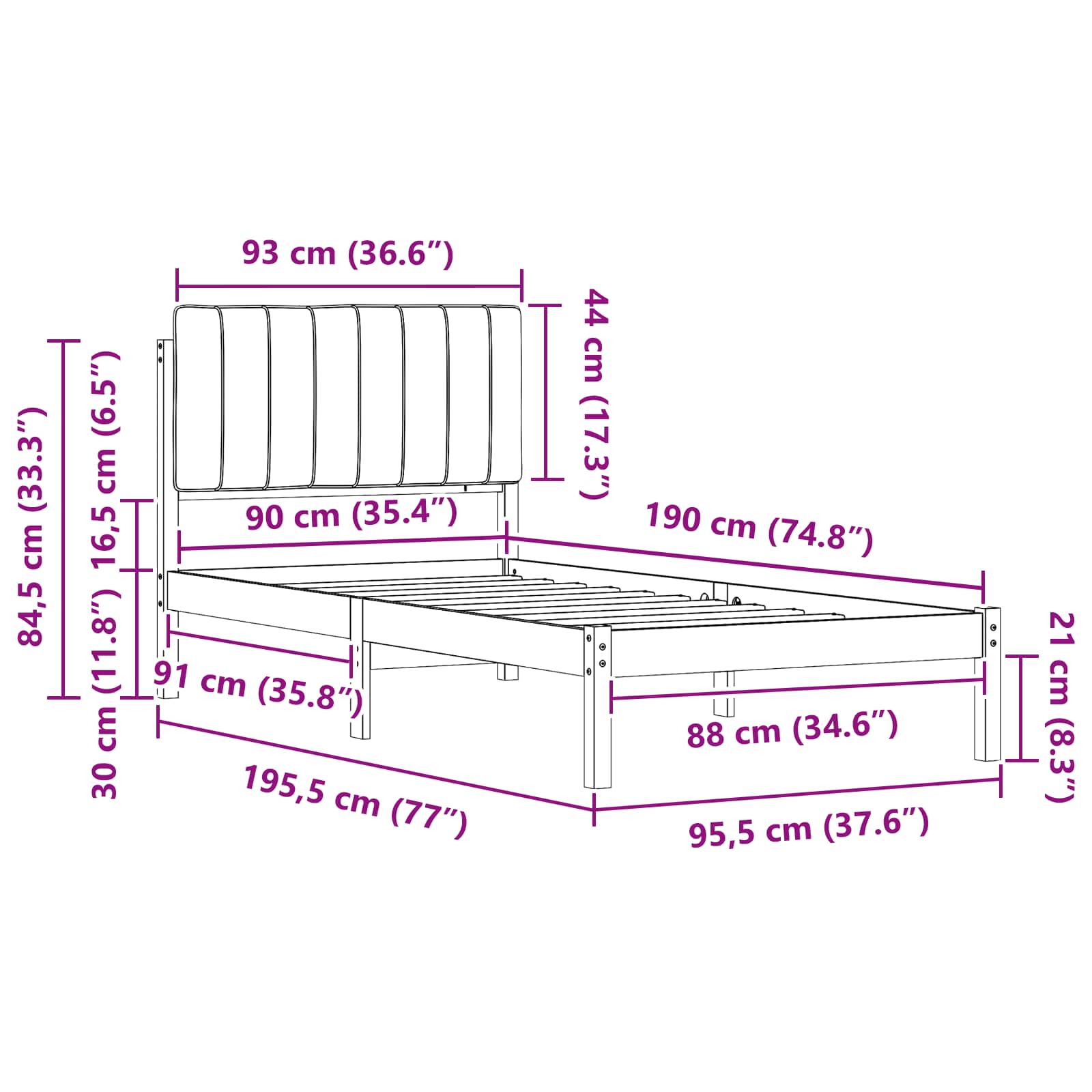 Krevetni okvir s tapiciranim uzglavljem Crna 90 x 190 cm