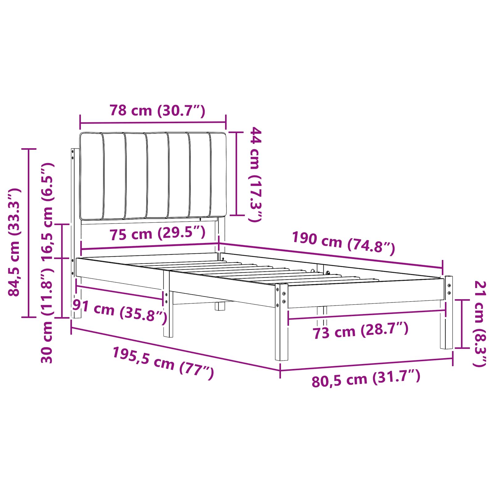 Krevetni okvir s tapiciranim uzglavljem Tamno siva 75 x 190 cm