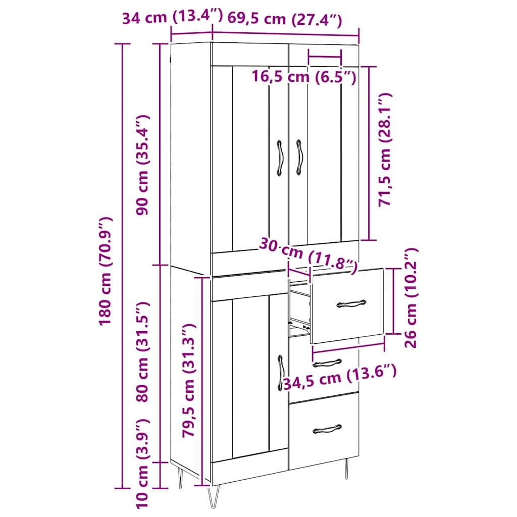 Highboard Staro drvo 69,5 x 34 x 90 cm Konstruirano drvo