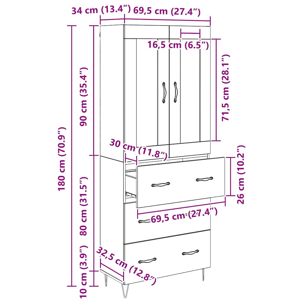 Highboard Staro drvo 69,5 x 34 x 90 cm Konstruirano drvo