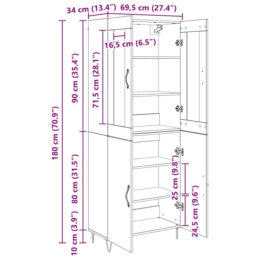 Highboard Bijeli i crni hrast 69,5 x 34 x 180 cm