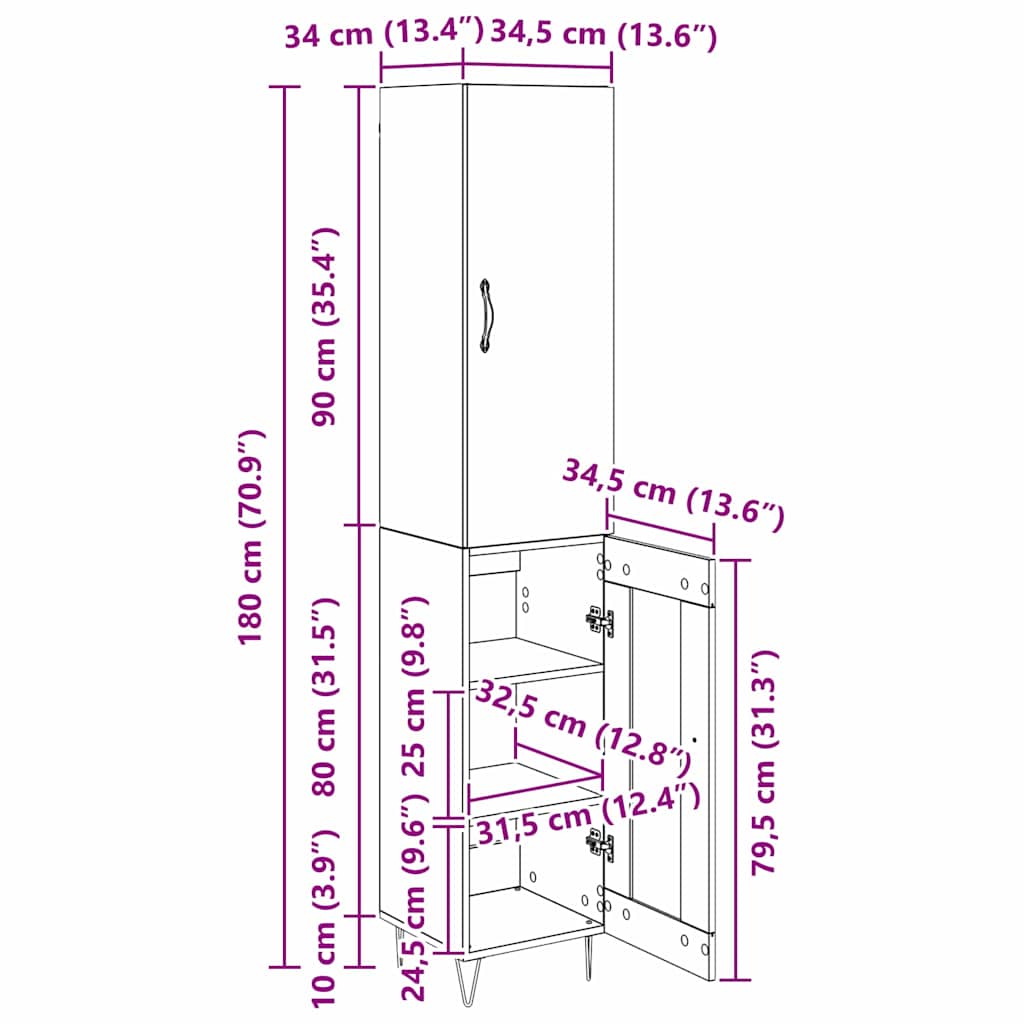 Highboard Umjetnički hrast 34,5 x 34 x 90 cm Konstruirano drvo