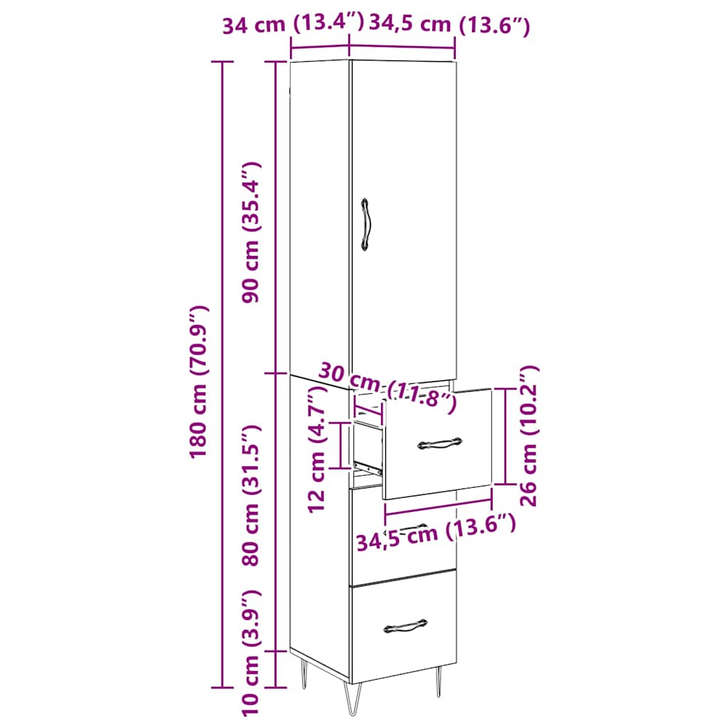 Highboard Crni hrast 34,5 x 34 x 90 cm Konstruirano drvo