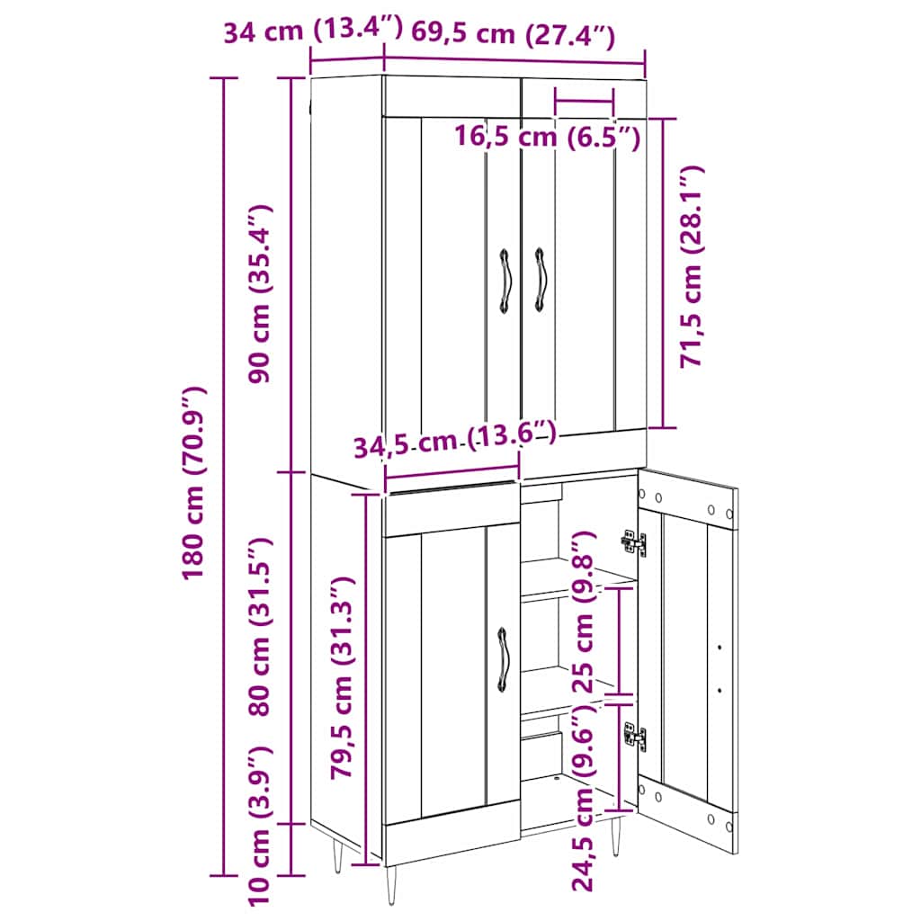 Highboard Staro drvo 69,5 x 34 x 90 cm Konstruirano drvo