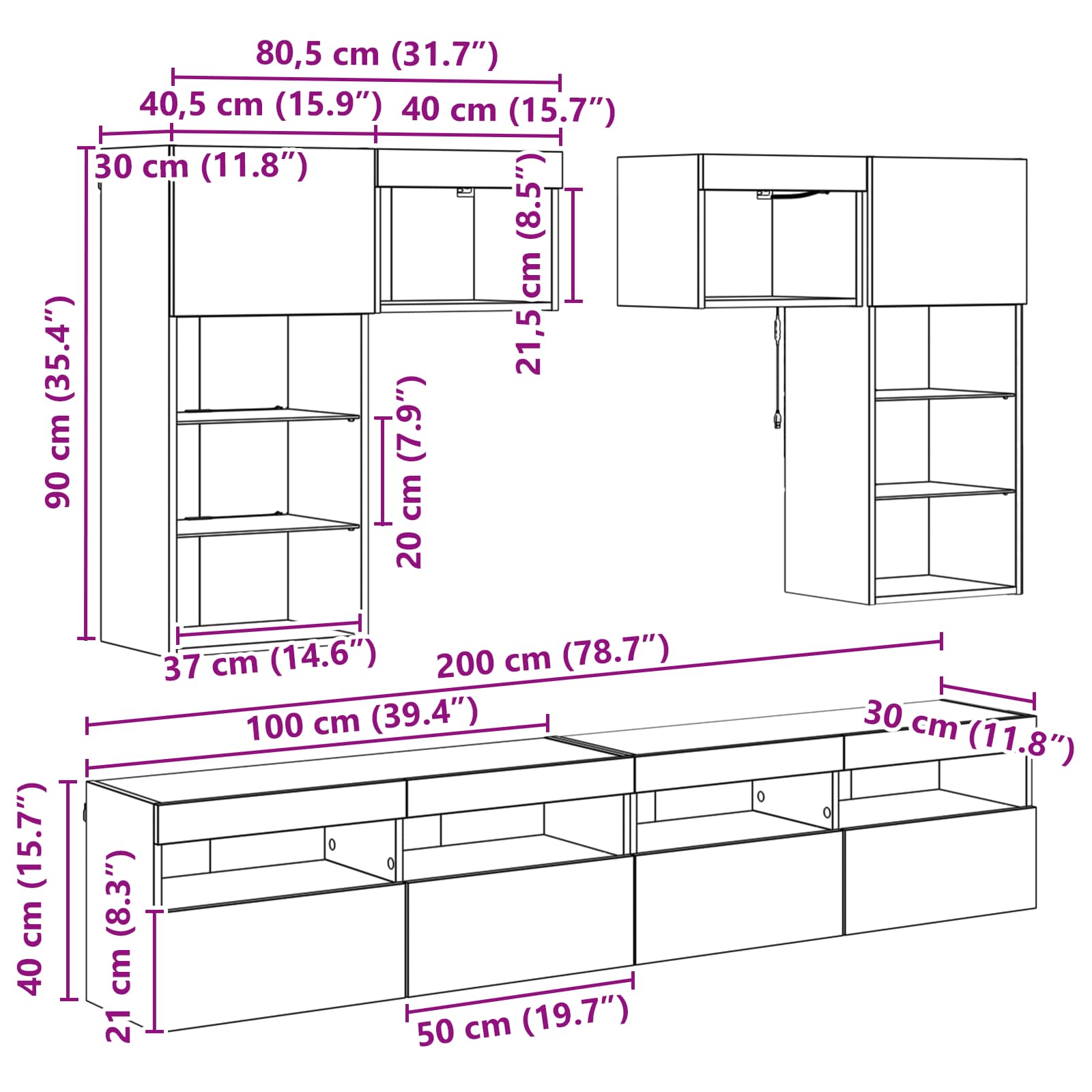 TV zidne jedinice 6 pcs 100 x 30 x 40 cm Umjetnički hrast