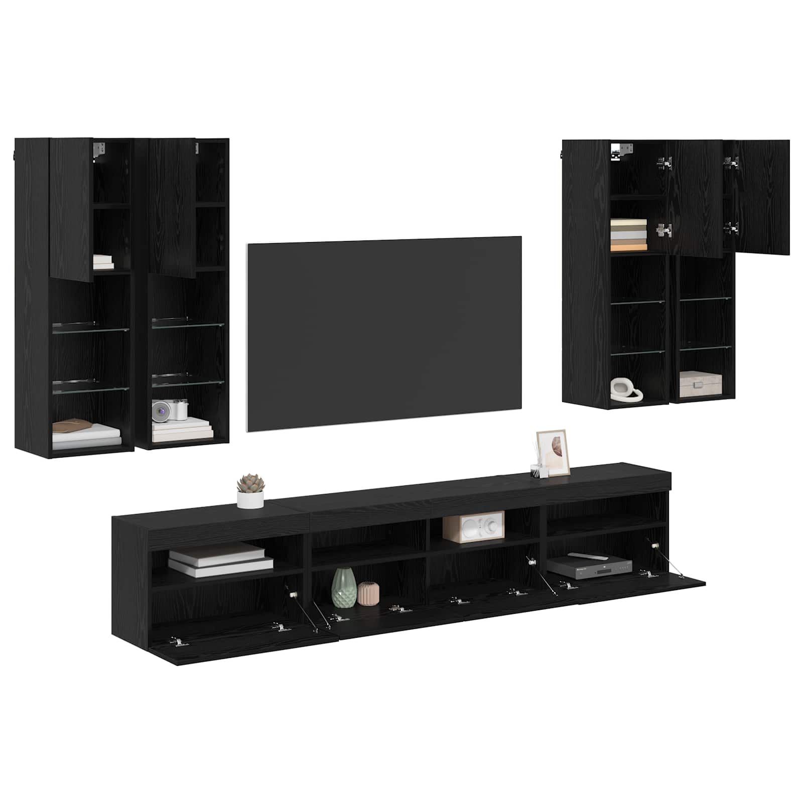 Set Zidnog TV Ormara s LED Osvjetljenjem Zidne 7 pcs Crni hrast