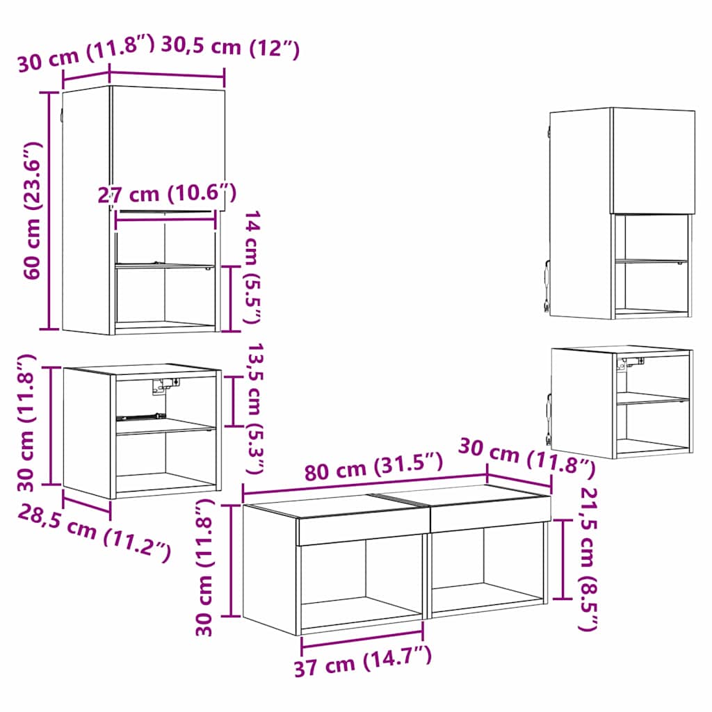TV zidne jedinice 8 pcs Crni hrast Konstruirano drvo