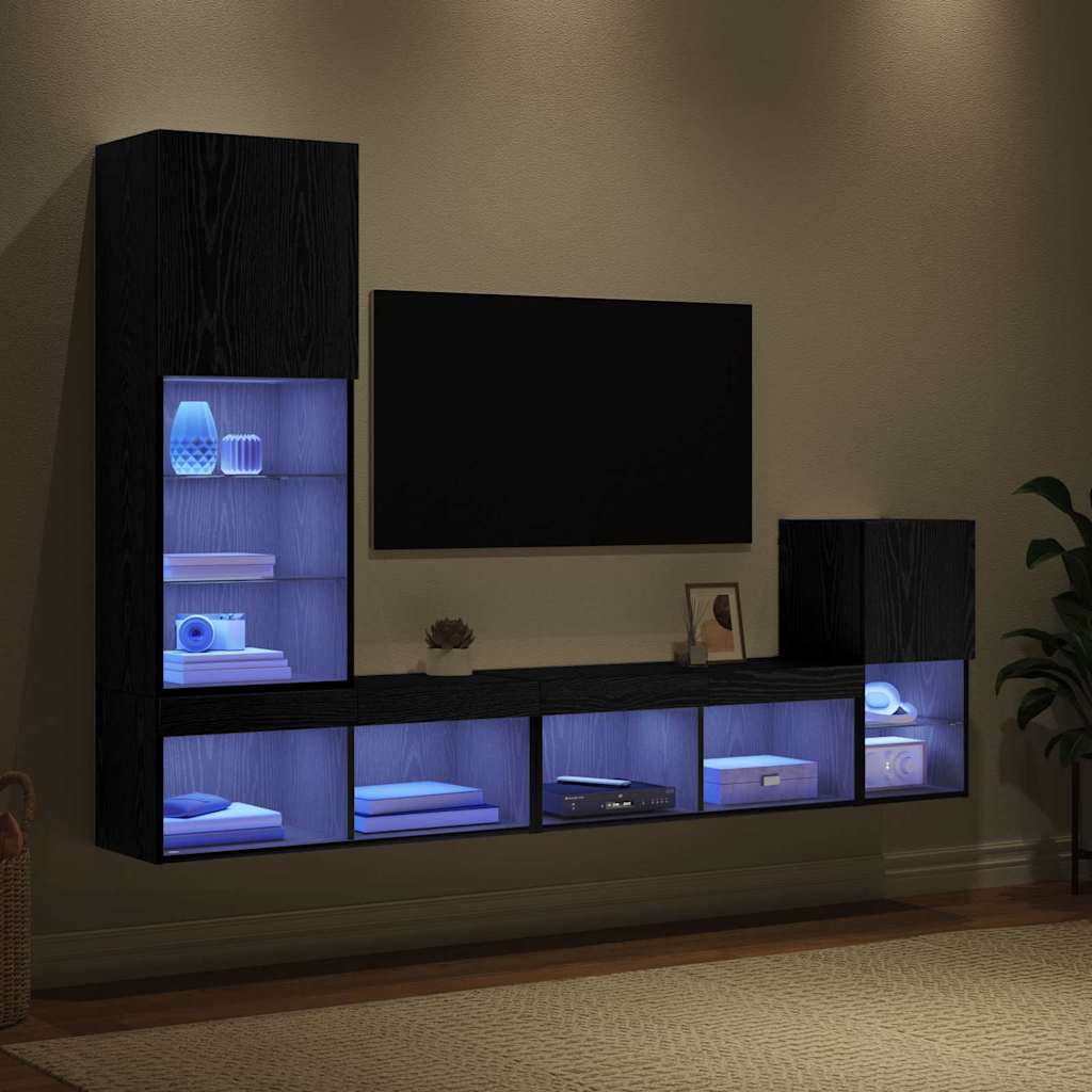 TV zidne jedinice S LED lampica Crni hrast Konstruirano drvo