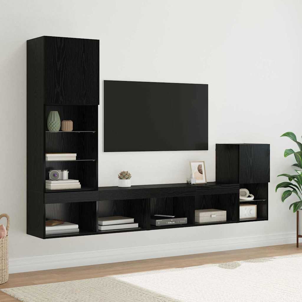 TV zidne jedinice S LED lampica Crni hrast Konstruirano drvo