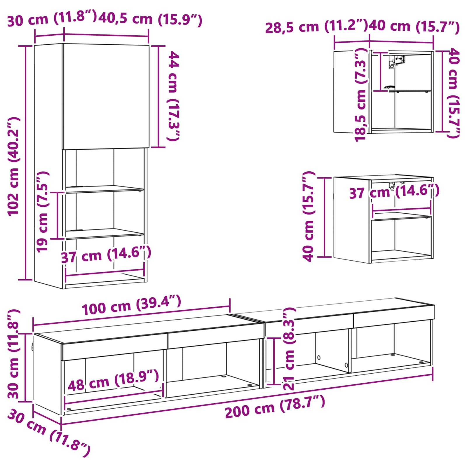 TV zidne jedinice s LED-om 5 pcs Staro drvo Konstruirano drvo