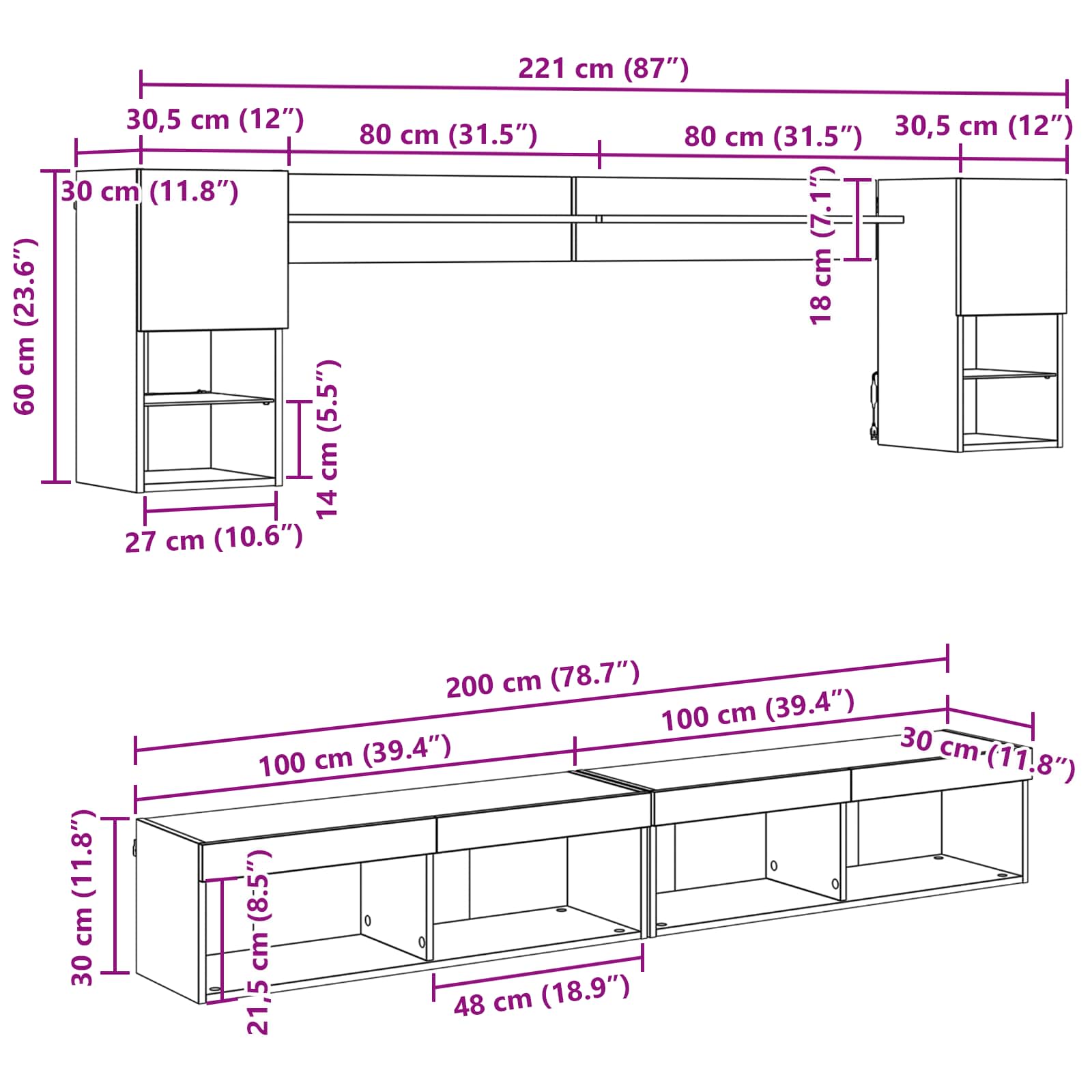 TV zidne jedinice s LED-om 6 pcs Crni hrast Konstruirano drvo