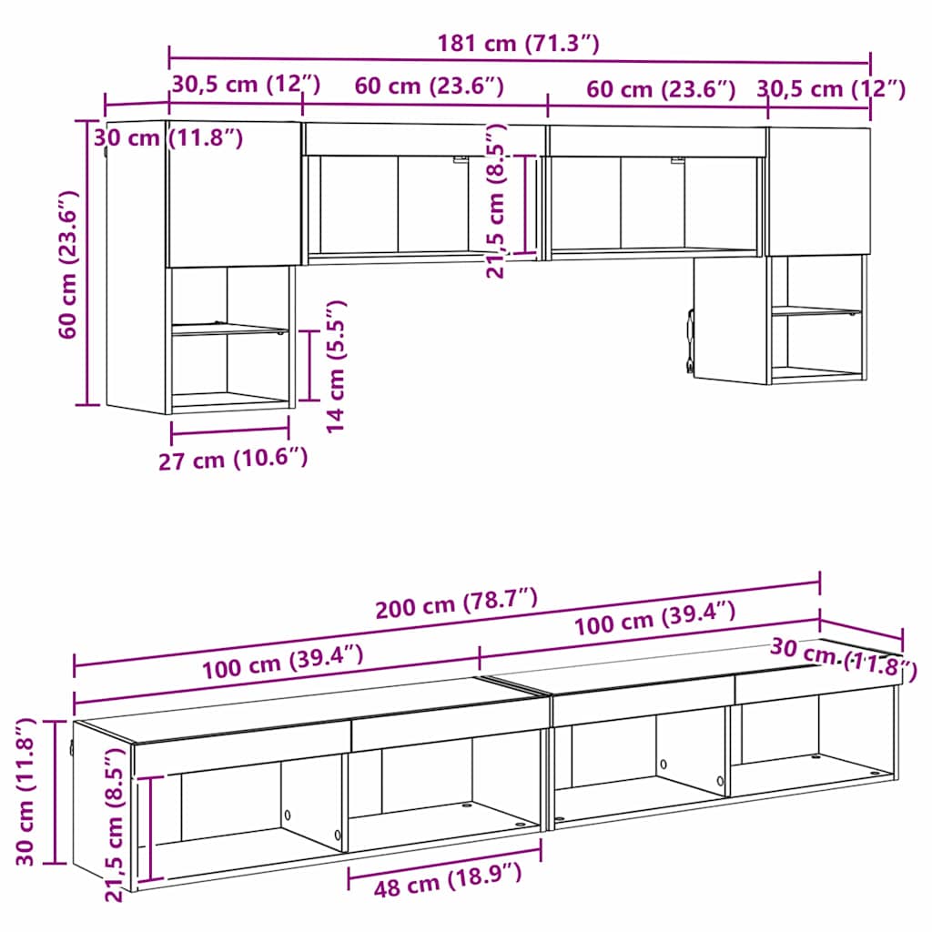 TV zidne jedinice s LED-om 6 pcs Crni hrast Konstruirano drvo