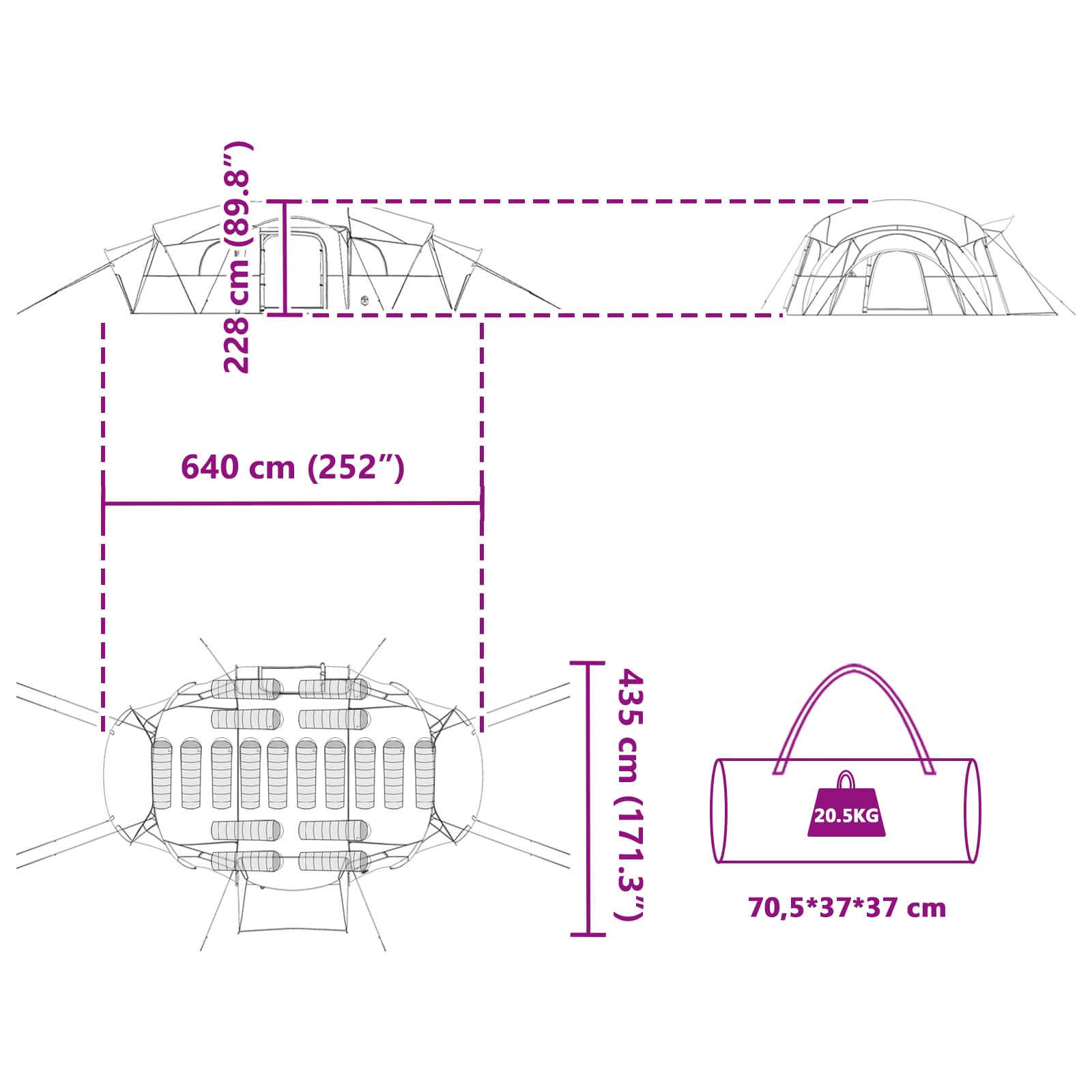 Obiteljski šator s tendom otporan na vodu Siva i narančasta