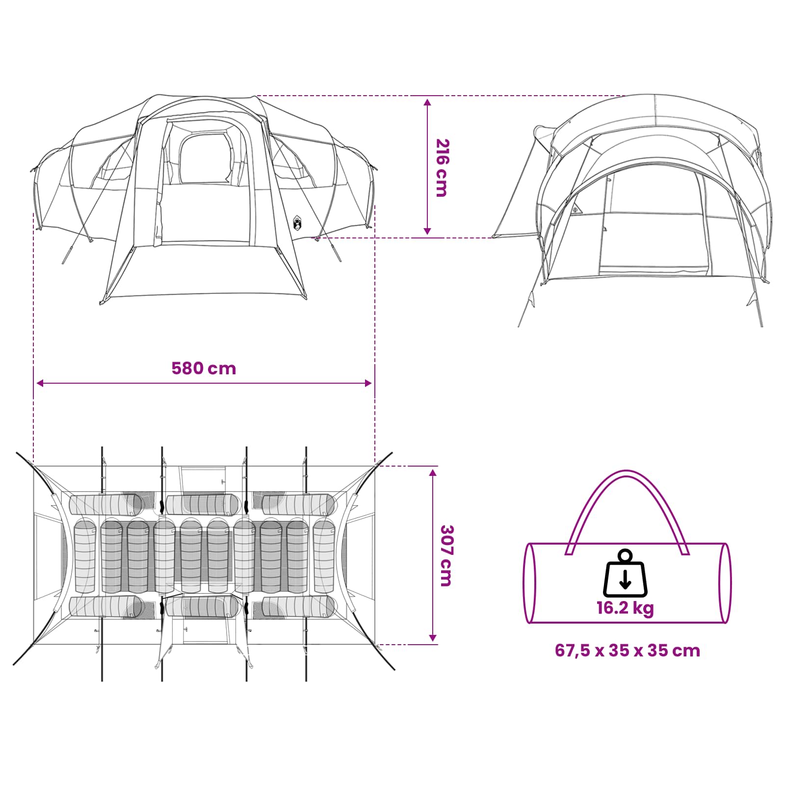 Obiteljski šator s tendom otporan na vodu tunel Zelena 10 osoba