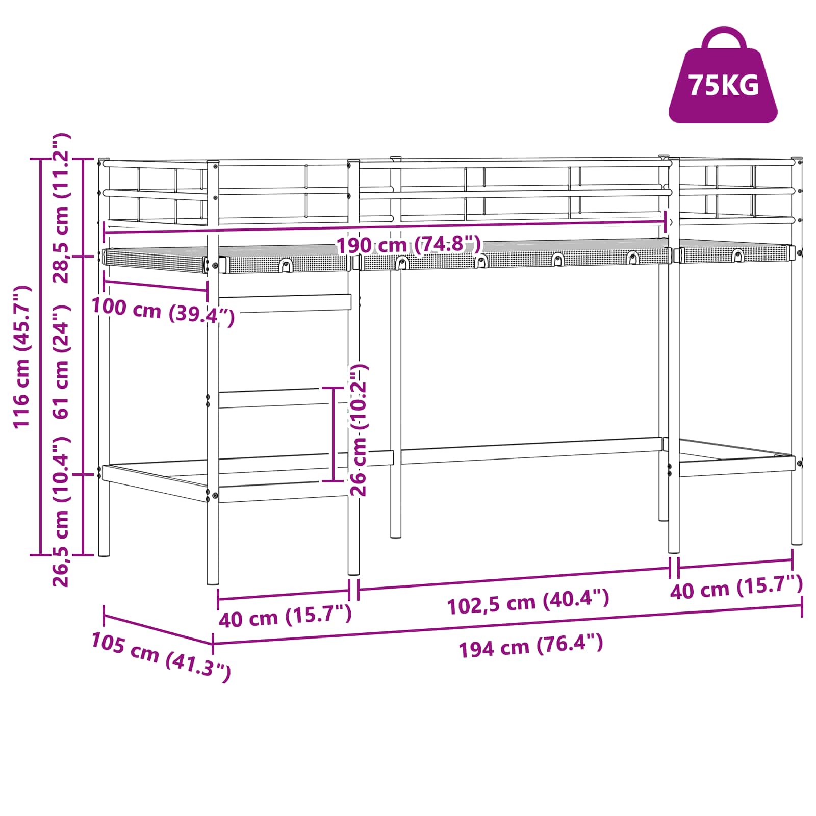 Okvir Krevet za Dječji Loft Crna 99,5 x 190 cm Čelik