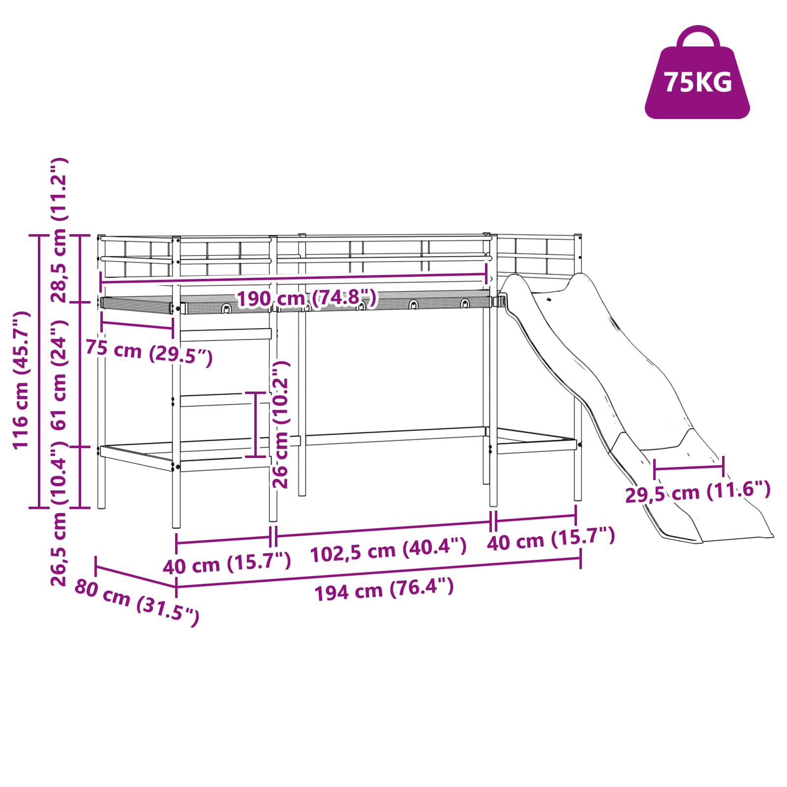 Krevet na kat za djecu s toboganom Crna i antracit 75 x 190 cm