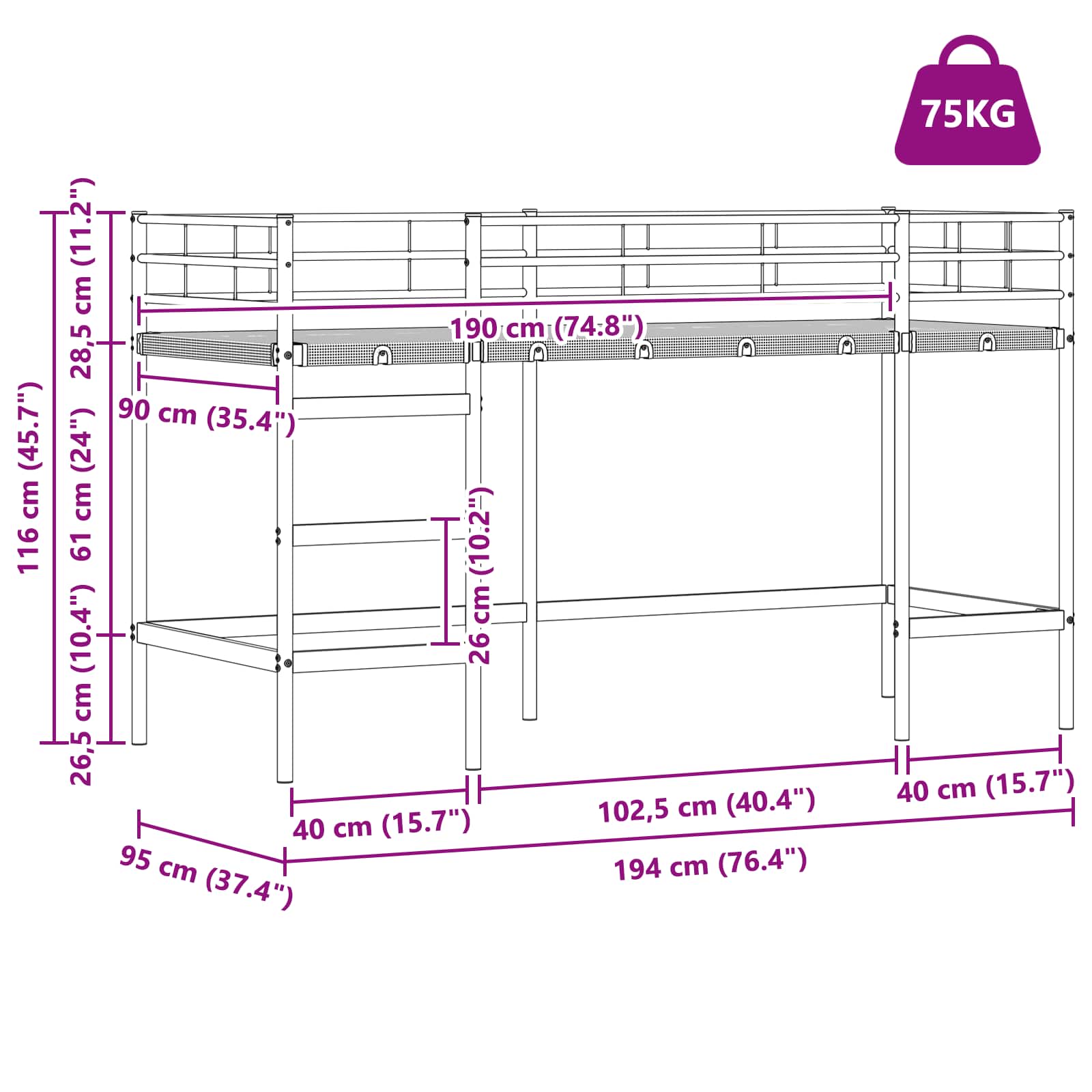 Krevet na kat za djecu s zavjesama Crna i Plava 90 x 190 cm