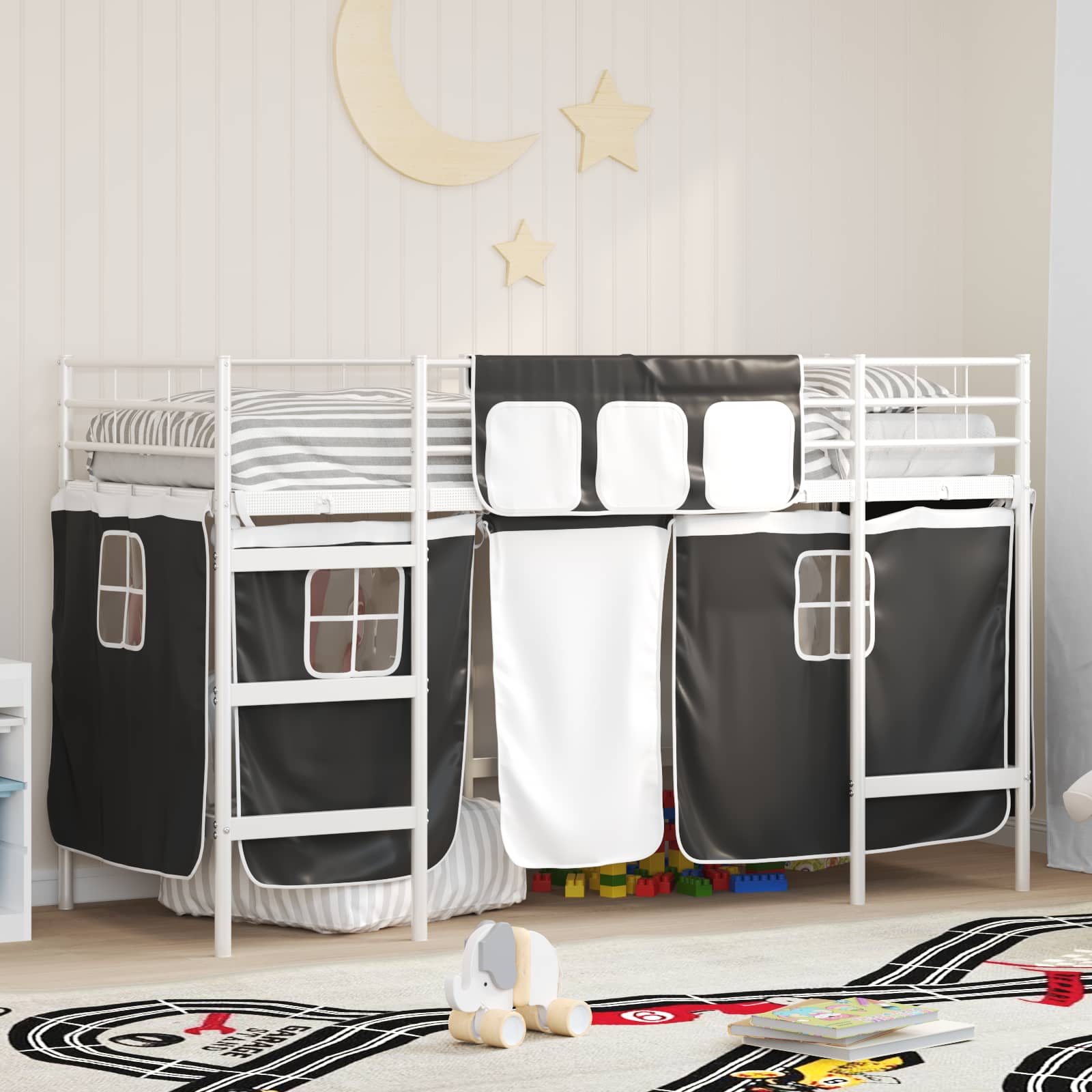 Krevet na kat za djecu s zavjesama Bijela i crna 90 x 190 cm