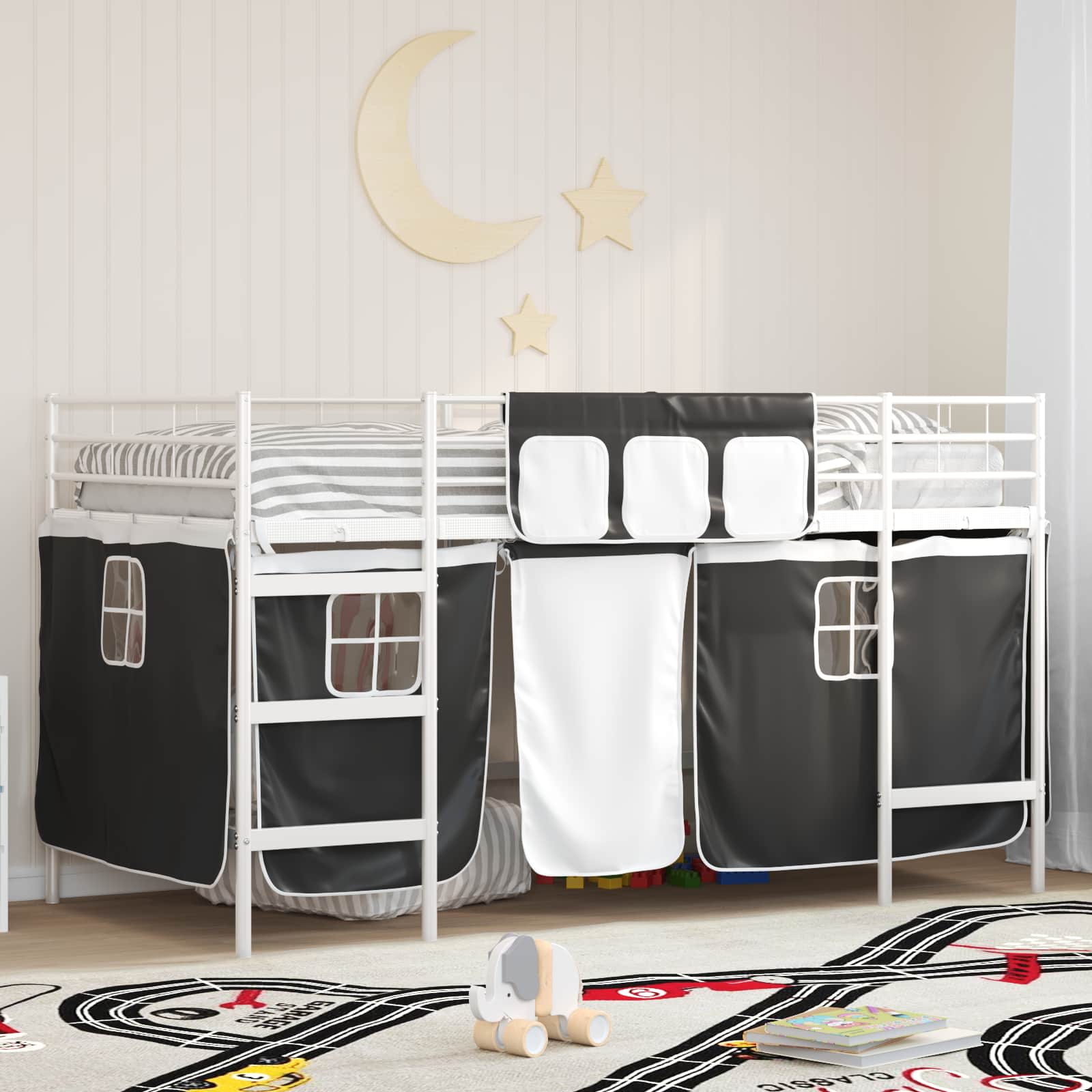 Krevet na kat za djecu s zavjesama Bijela i crna 100 x 200 cm