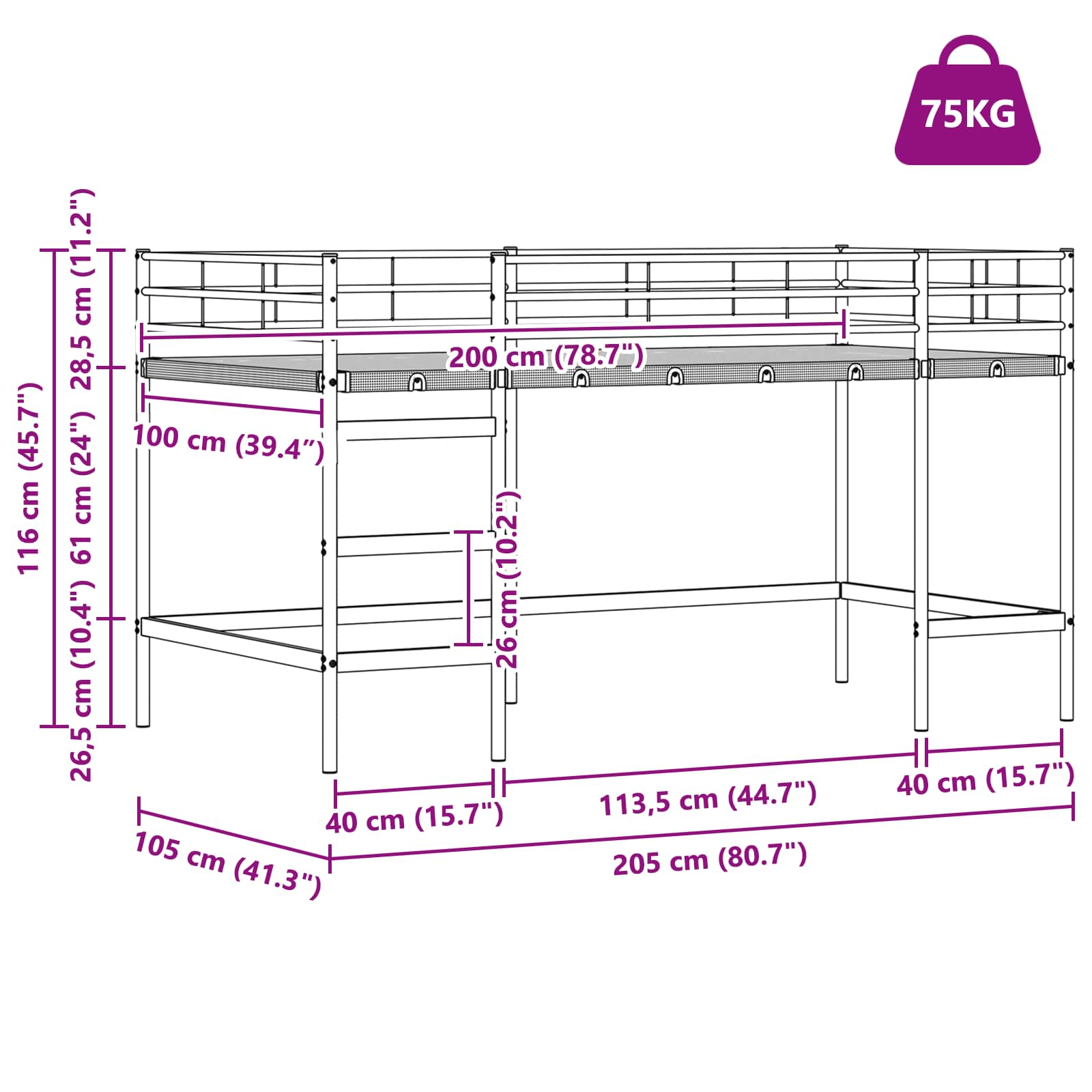 Krevet na kat za djecu s zavjesama Bijela i Plava 100 x 200 cm