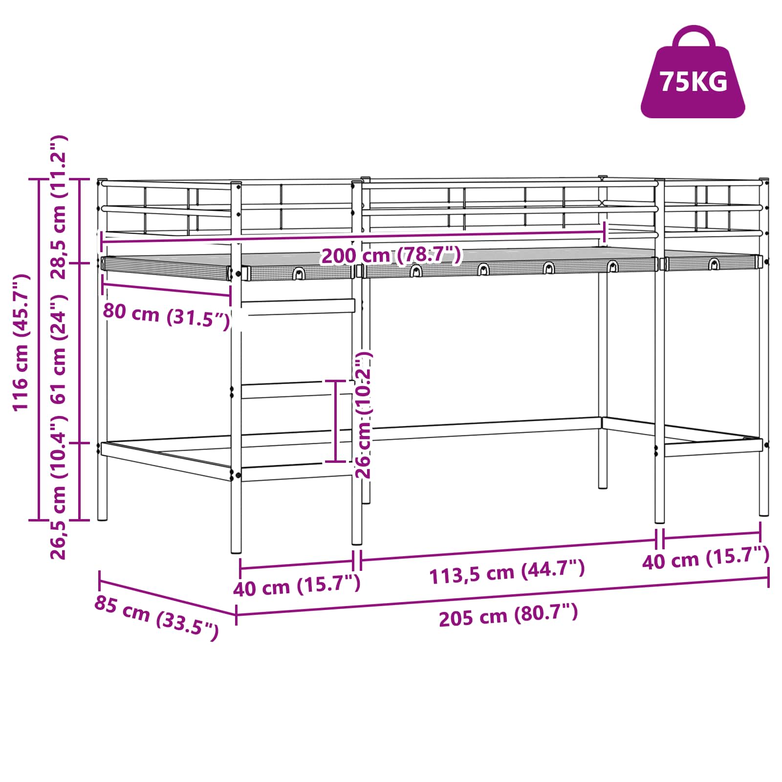 Okvir Krevet za Dječji Loft Crna i Plava 80 x 200 cm Metal