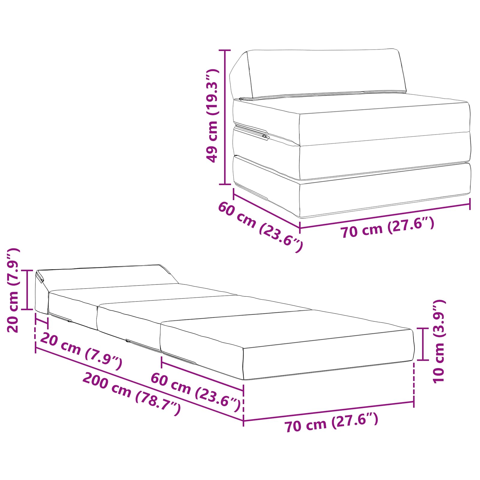 Sofa na razvlačenje Tamnosiva 200 x 70 x 10 cm Baršun