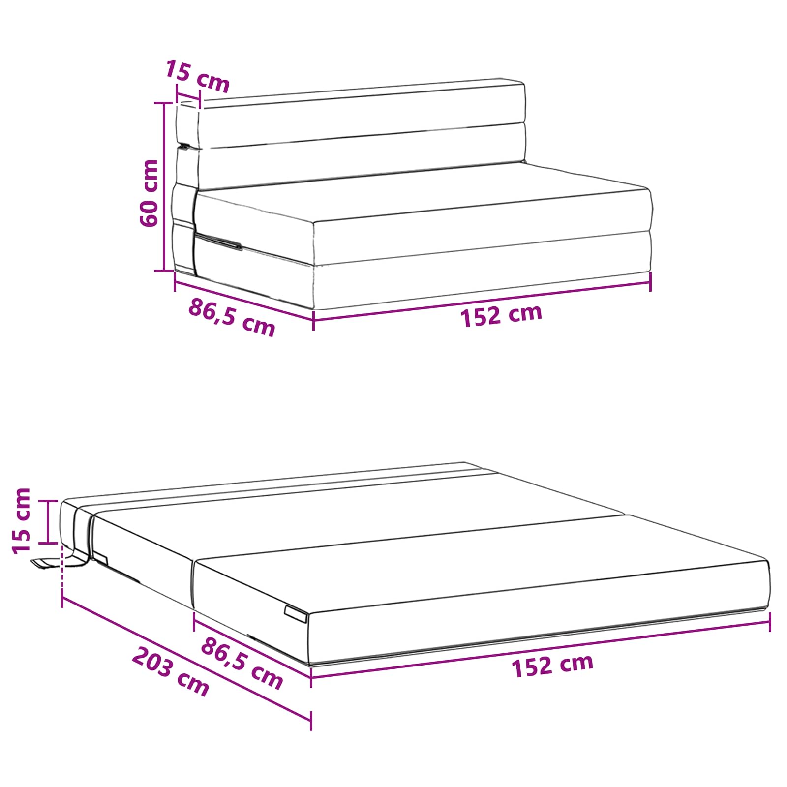 Preklopni madrac za sofu Svjetlosiva 152 x 86,5 x 60 cm Tkanina
