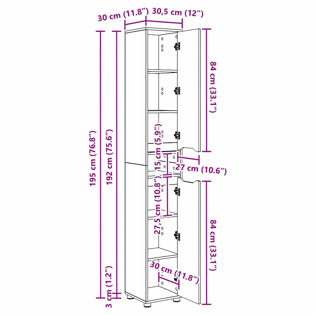Kupaonski ormar Staro drvo 30,5 x 30 x 195 cm Konstruirano drvo