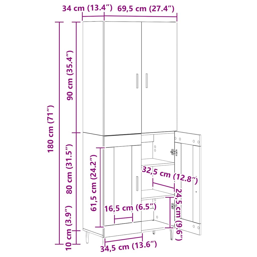 Highboard Zidne Staro drvo 69,5 x 34 x 180 cm Konstruirano drvo