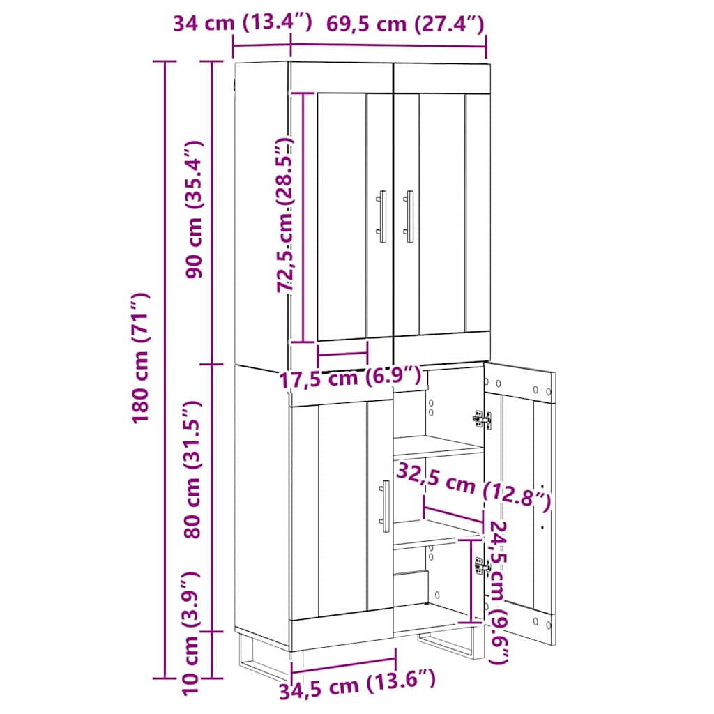 Highboard Crni hrast 69,5 x 34 x 180 cm Konstruirano drvo